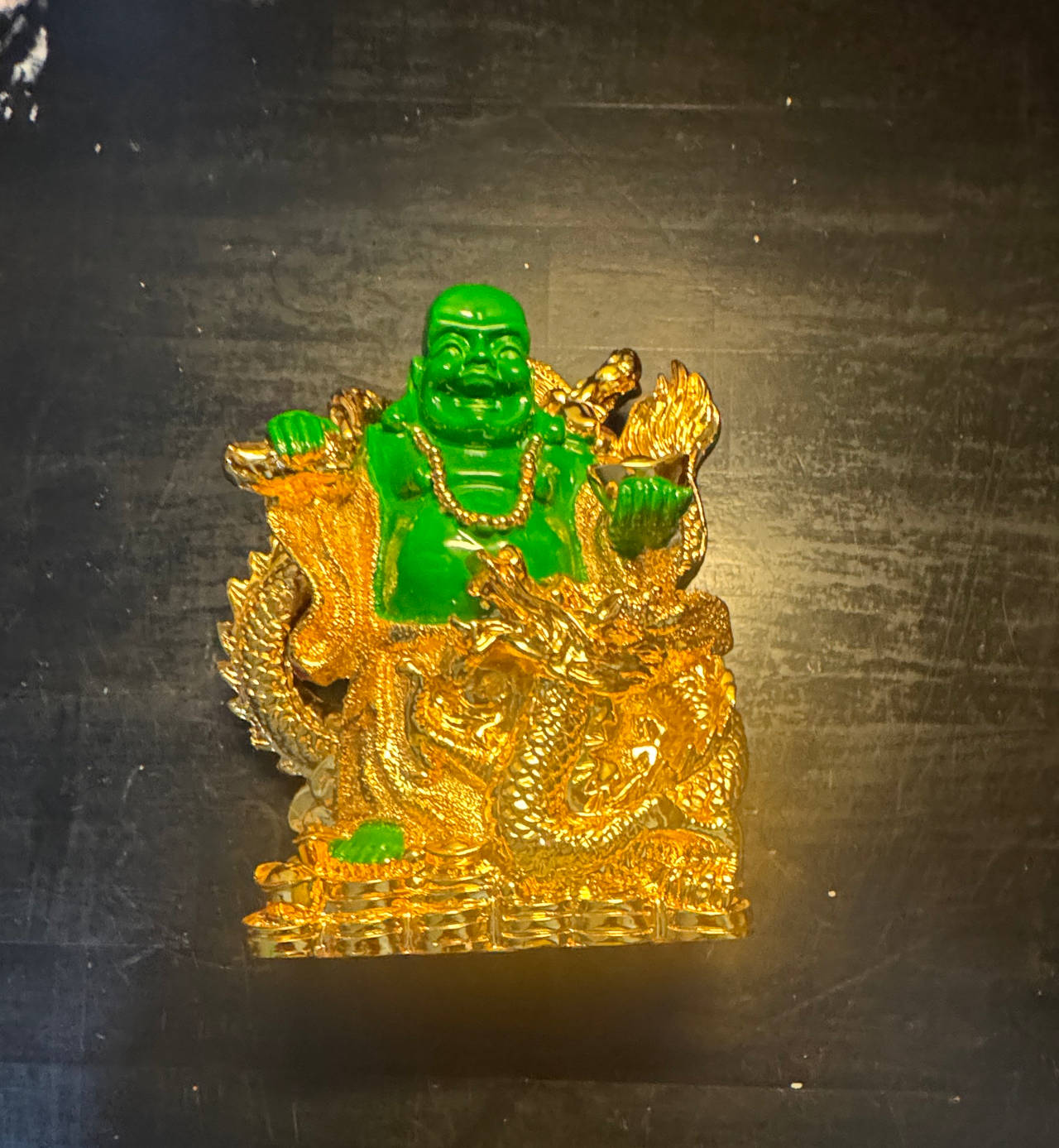 Green and Gold Laughing Buddha on Dragon Statue