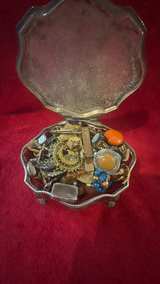 Vintage Silver Tone Jewelry Box with Mixed Costume Jewelry Lot - Image 2