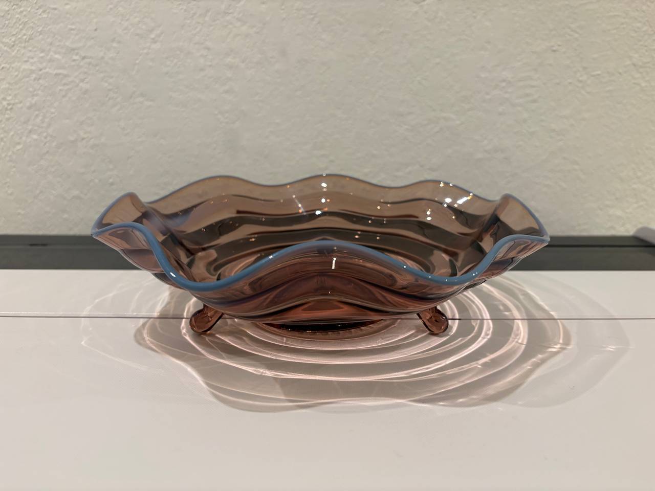 Fenton Amethyst Glass Ruffled Footed Bowl with Blue Crest