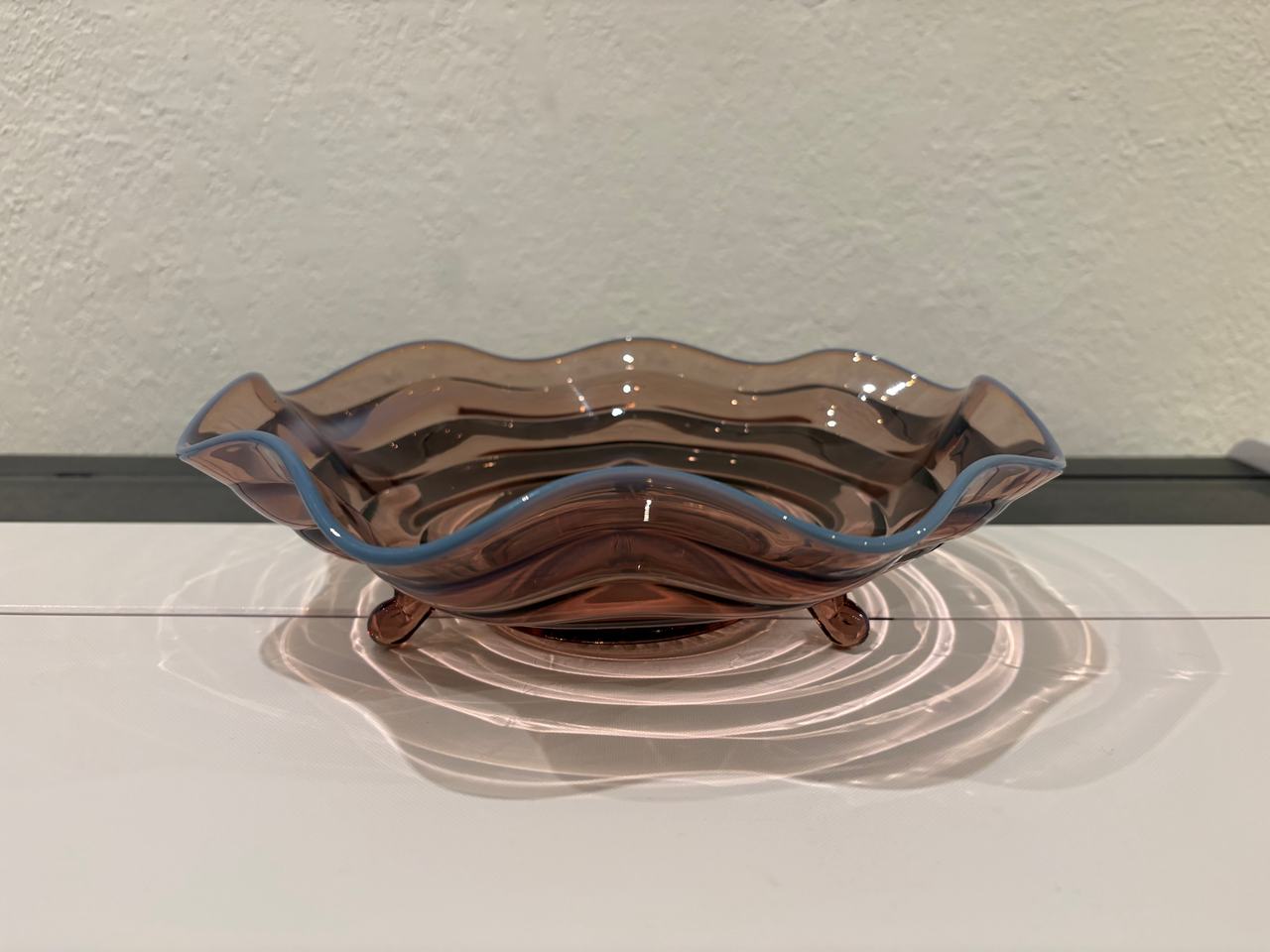 Fenton Amethyst Glass Ruffled Footed Bowl with Blue Crest