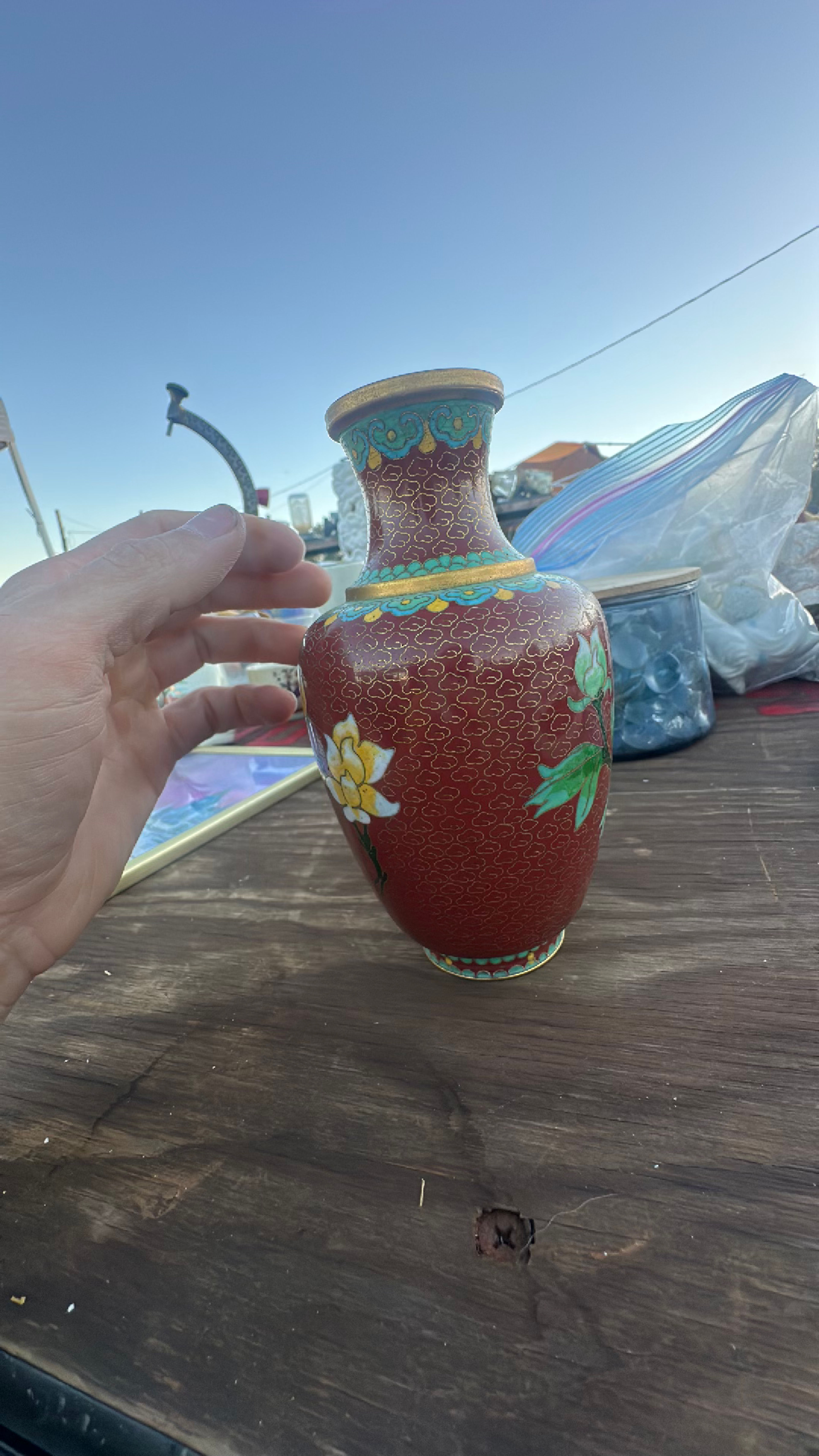 Chinese Cloisonné Red Floral Vase - Image 2