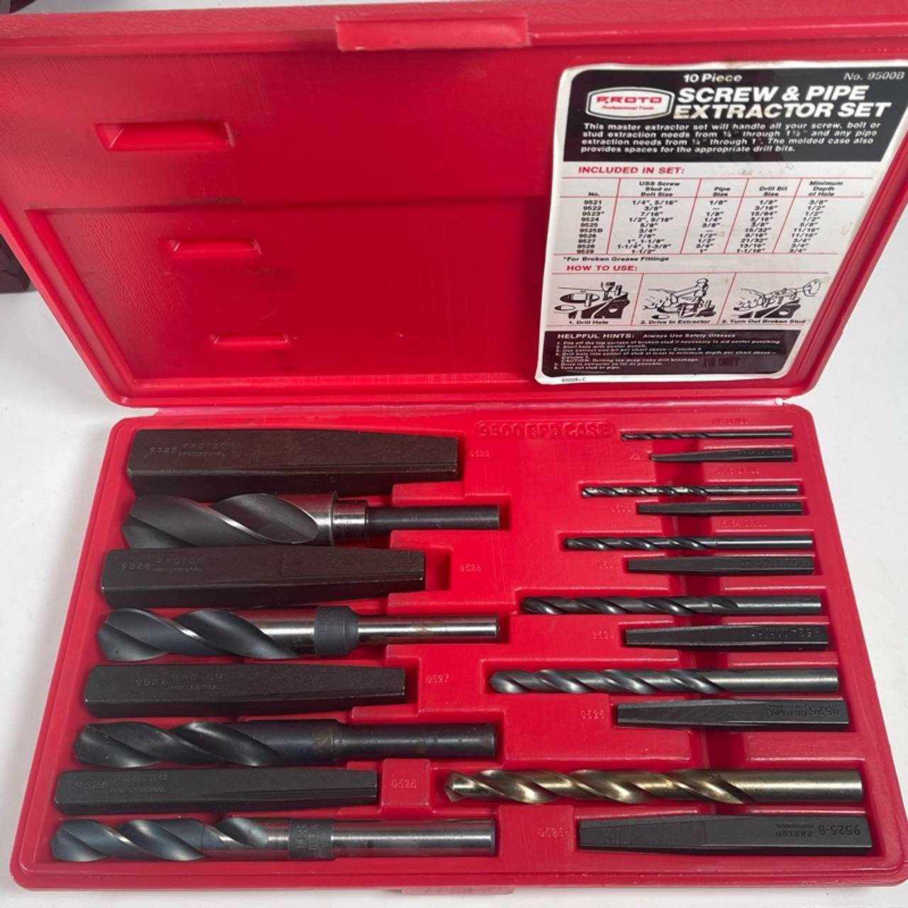 Proto 10-Piece Screw Extractor Set #9500B W/Drill Bits Brand New