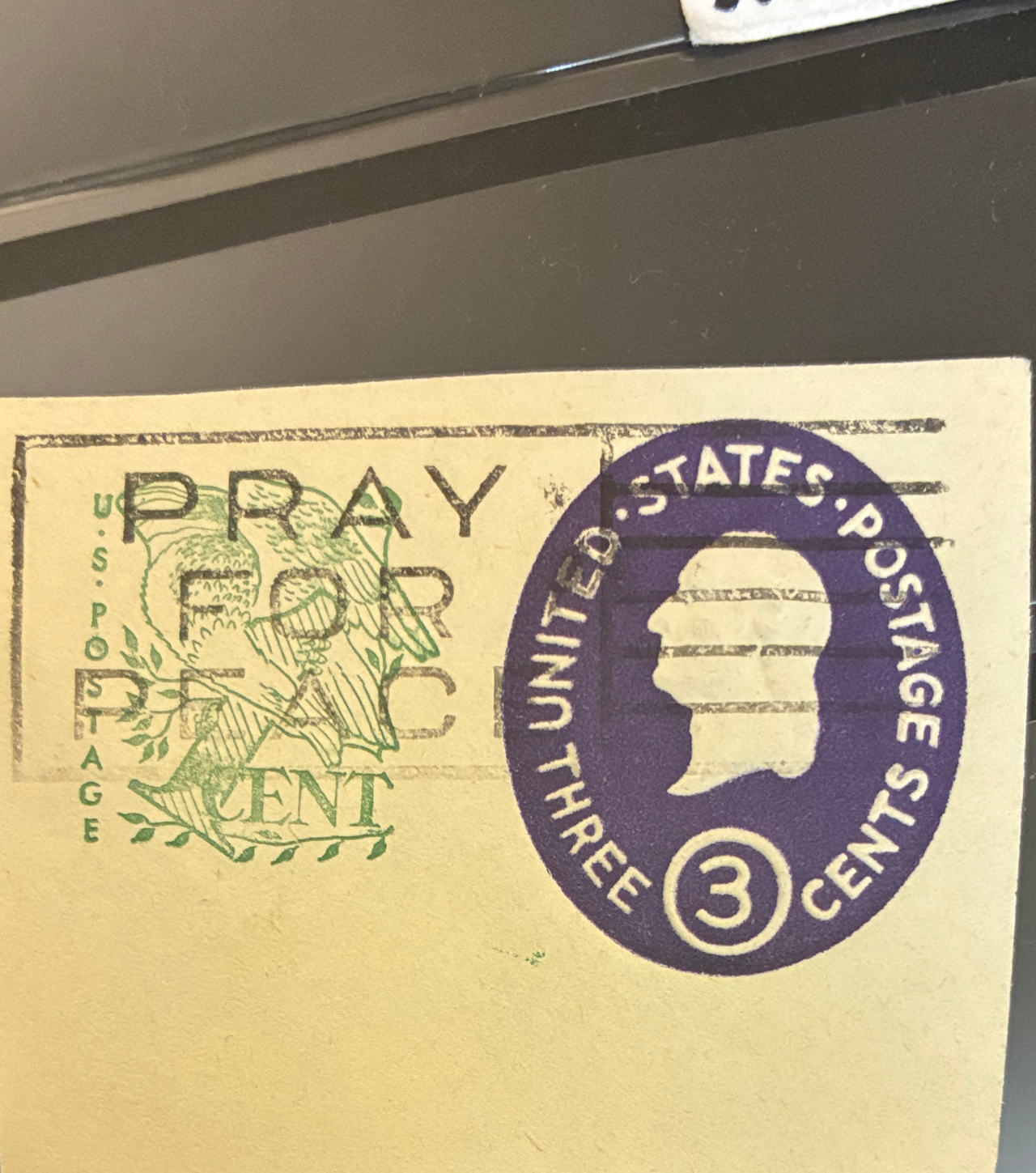 Vintage 3 Cent George Washington Stamped Envelope with Pray For Peace Cancellation