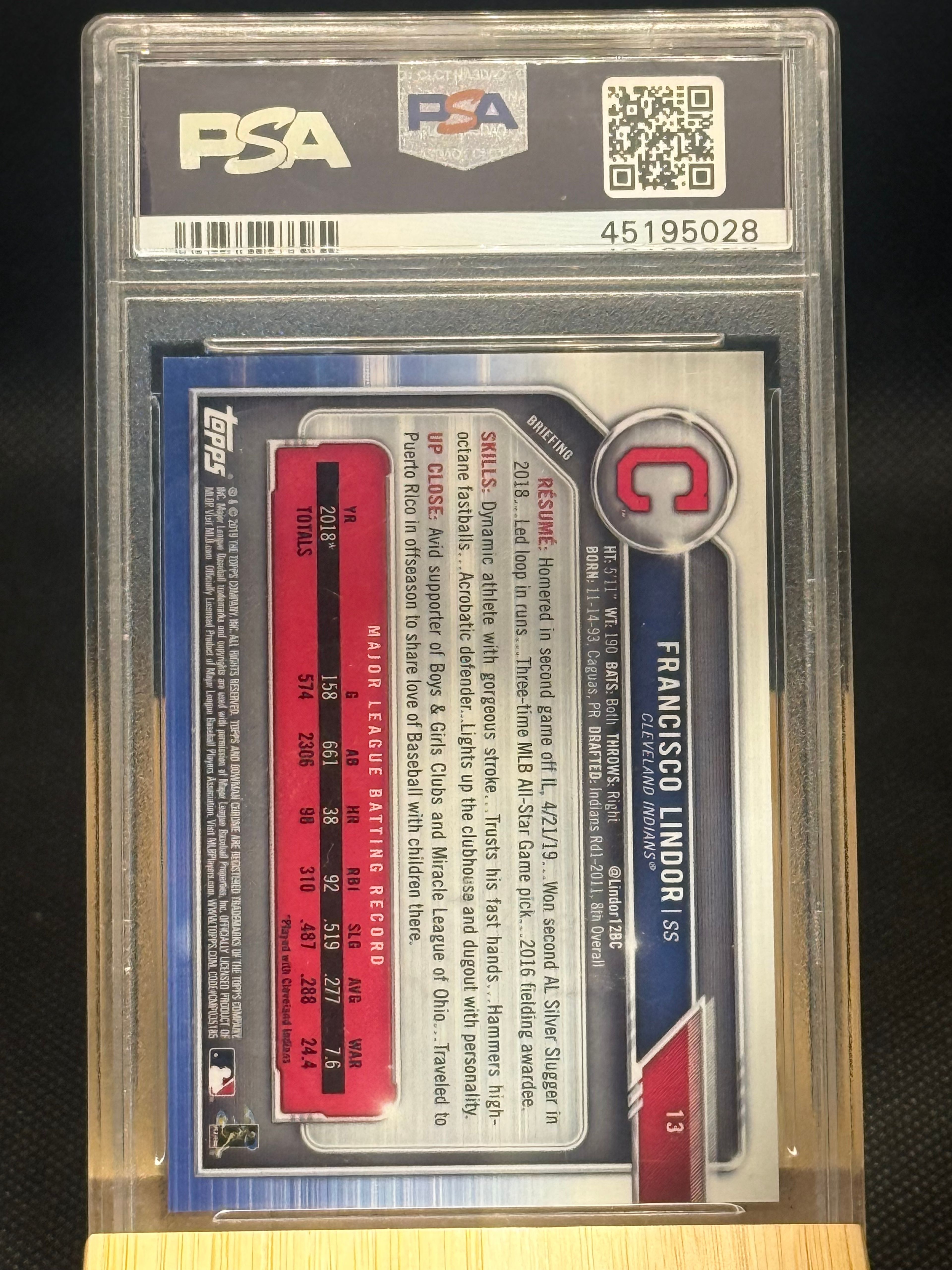 2019 Bowman Chrome Francisco Lindor Purple Refractor #13 /250 PSA 10 - Image 2