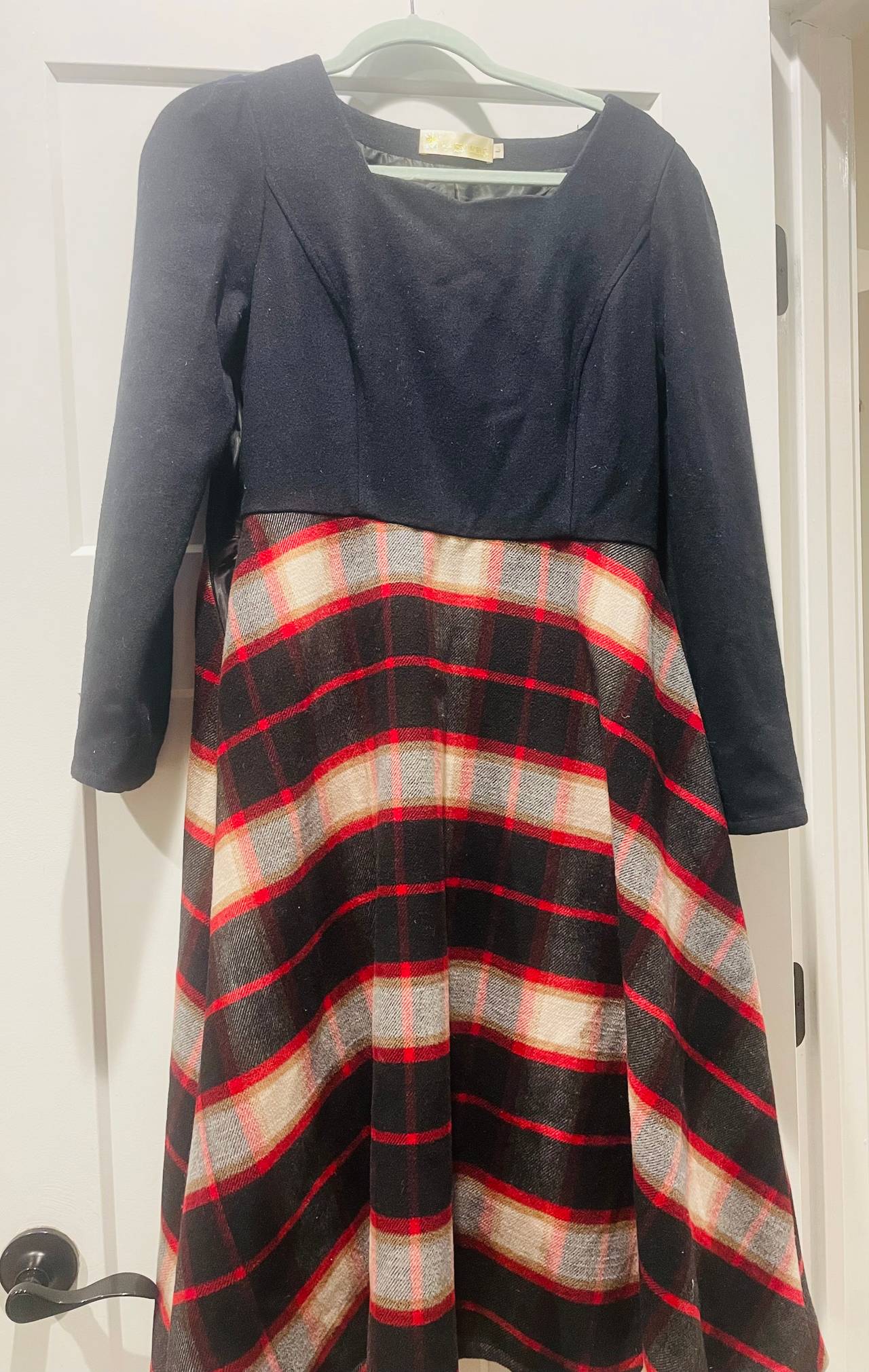 Wool Long Sleeve Plaid A-Line Dress with Matching Scarf