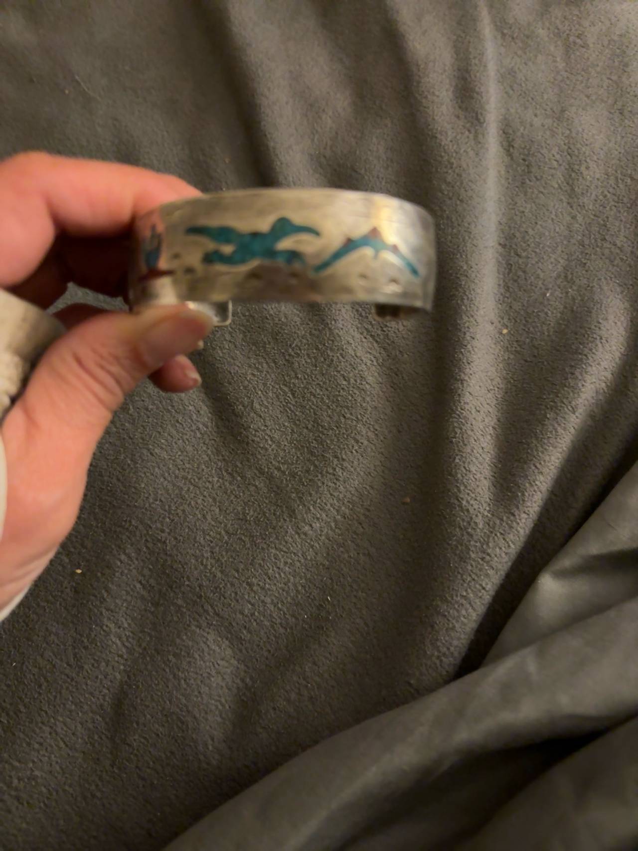 Navajo Sterling Silver Turquoise Coral Inlay Cuff Bracelet