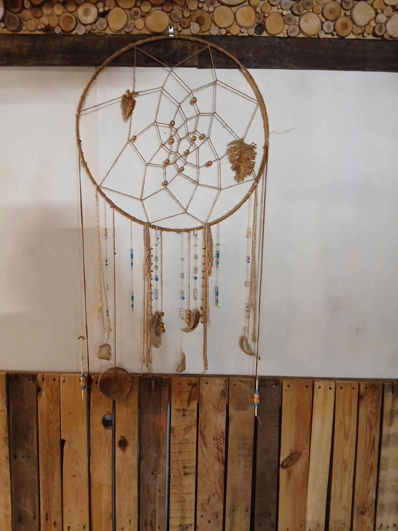 Large Handmade Dream Catcher with Wooden Beads and Feathers