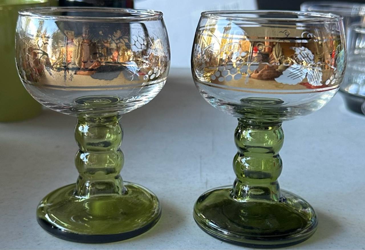 Roemer Olive Green Grape Vine Etched Wine Glasses