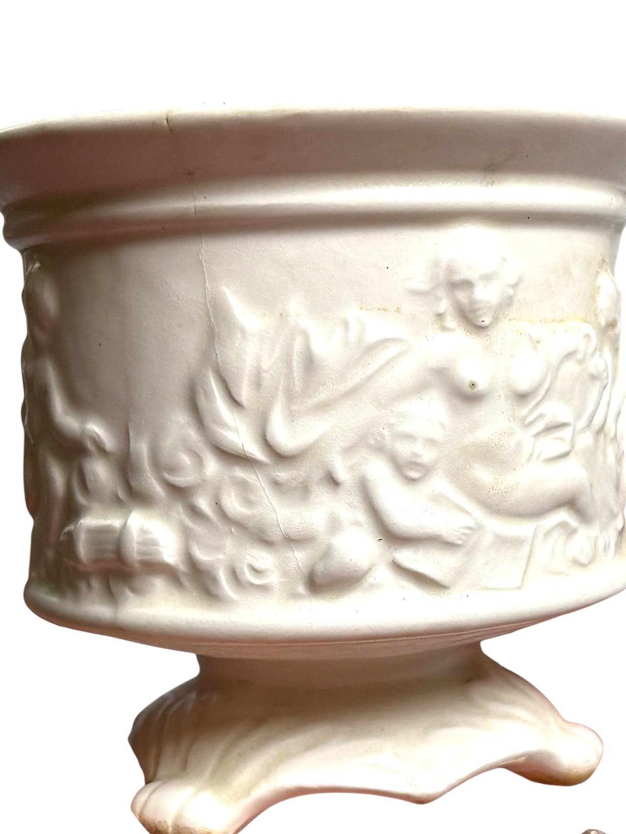 Vintage White Ceramic Cherub Relief Footed Planter