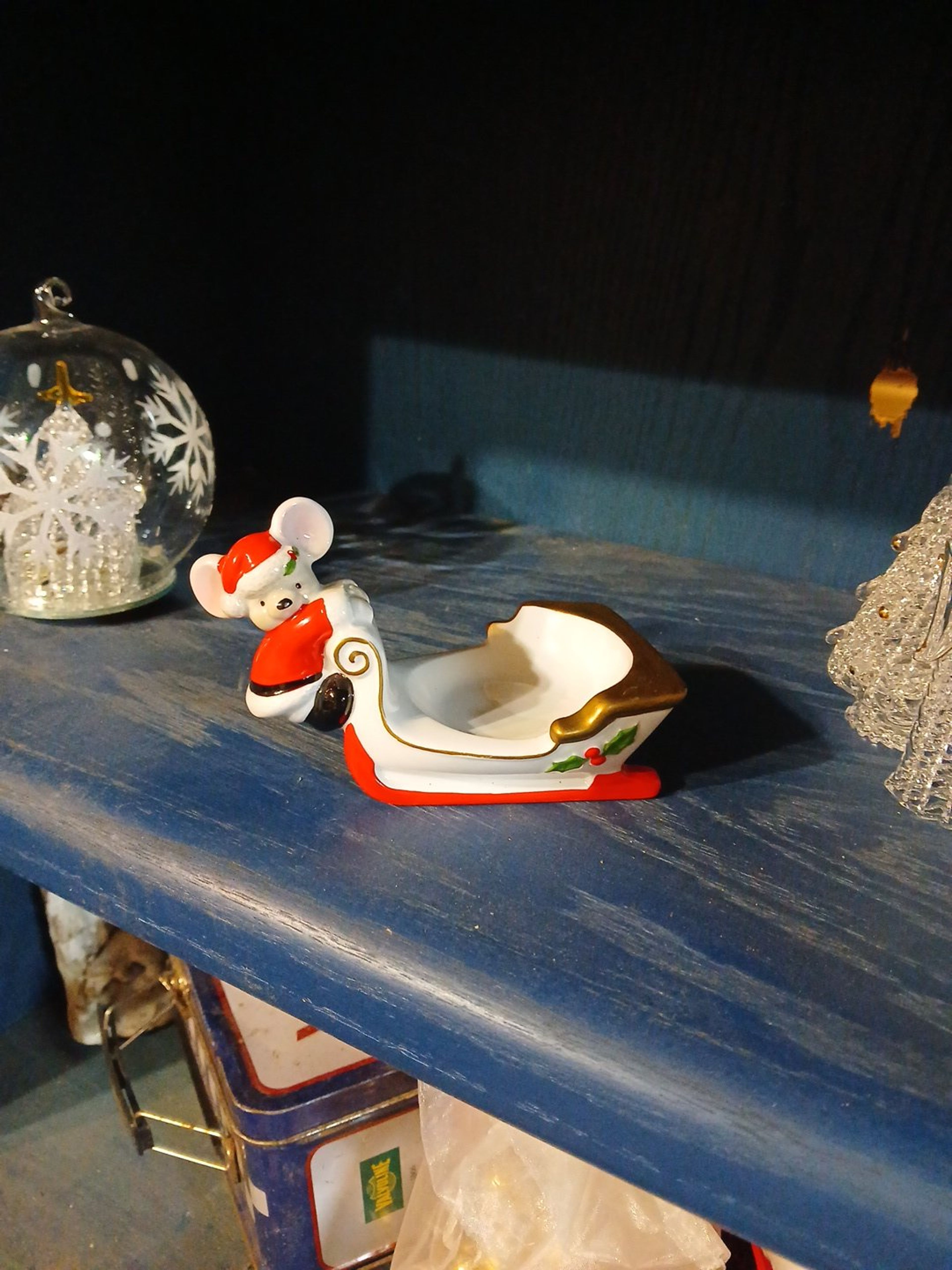 Fitz and Floyd Ceramic Mouse in Sleigh Candy Dish