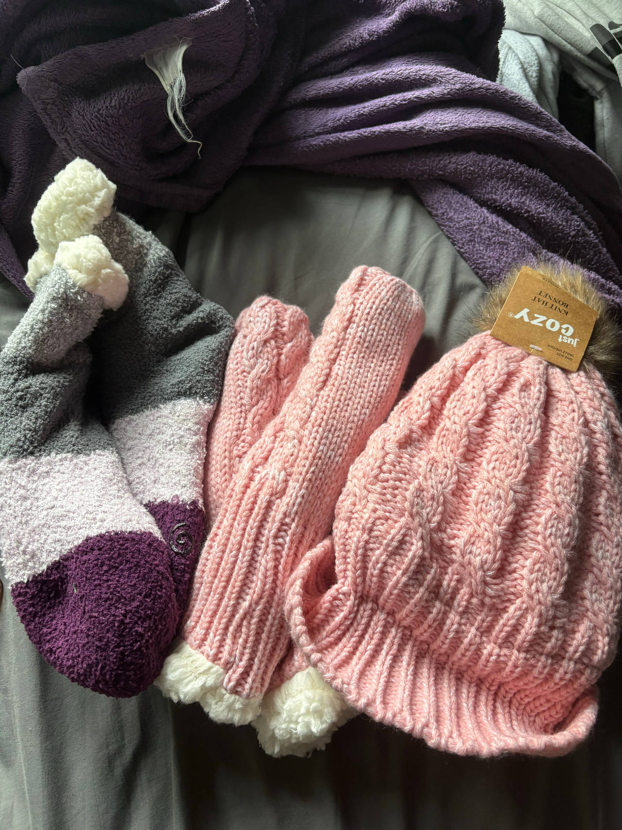 Just Cozy Pink Cable Knit Beanie and Mittens Set