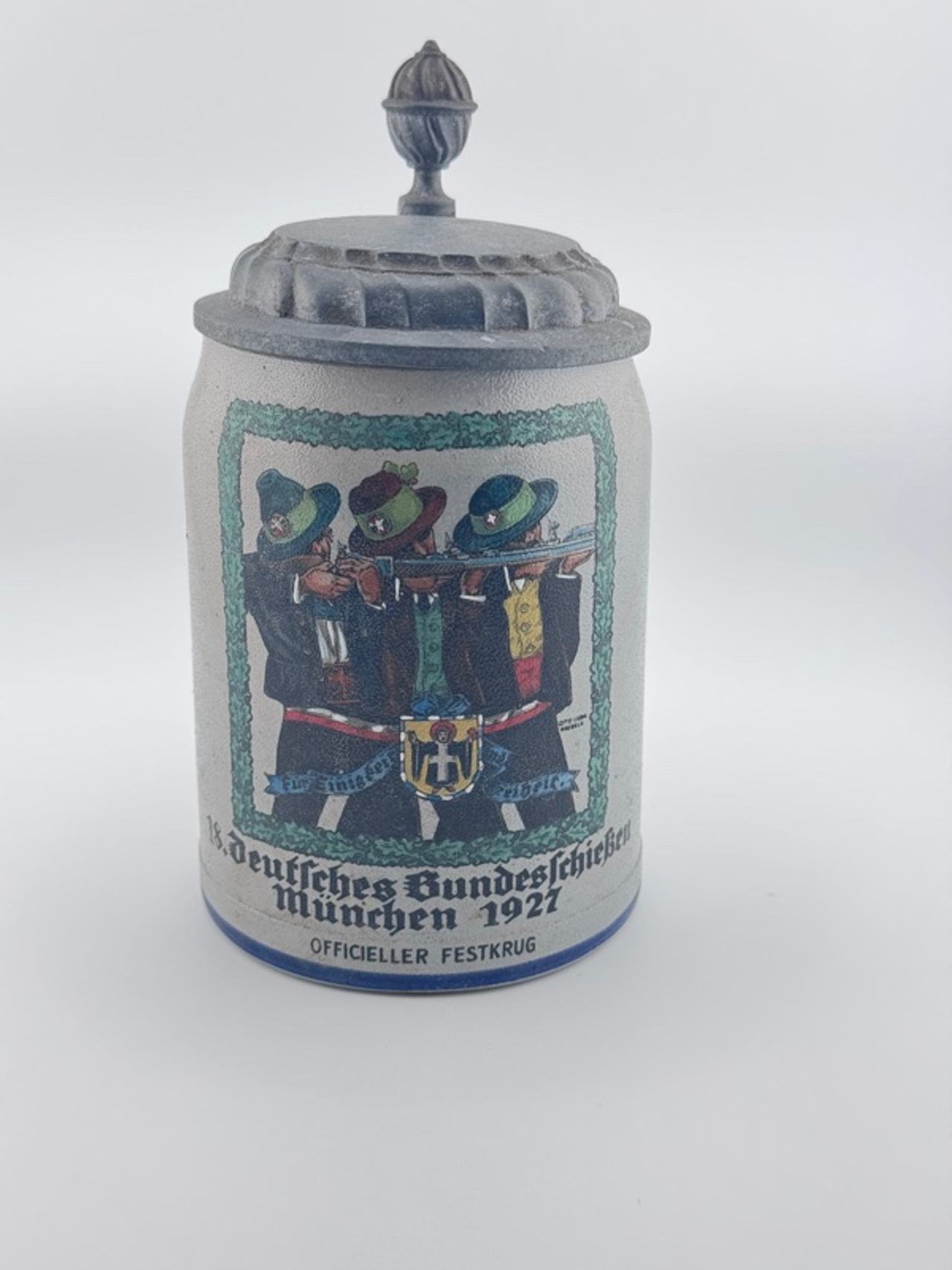 German Vintage Beer Stein Porcelain with Pewter Lid