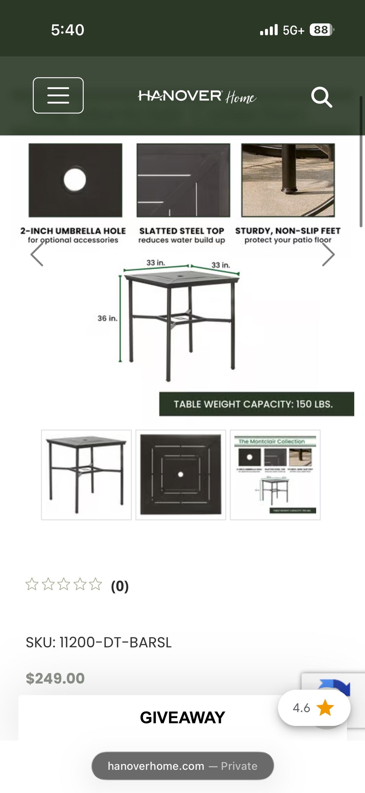 Hanover Montclair 33" Square Counter-Height Patio Table
