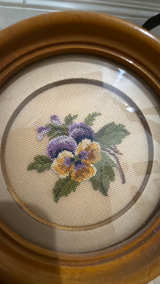 Vintage Floral Needlepoint Round Wooden Framed Wall Art Set of 2 - Image 2