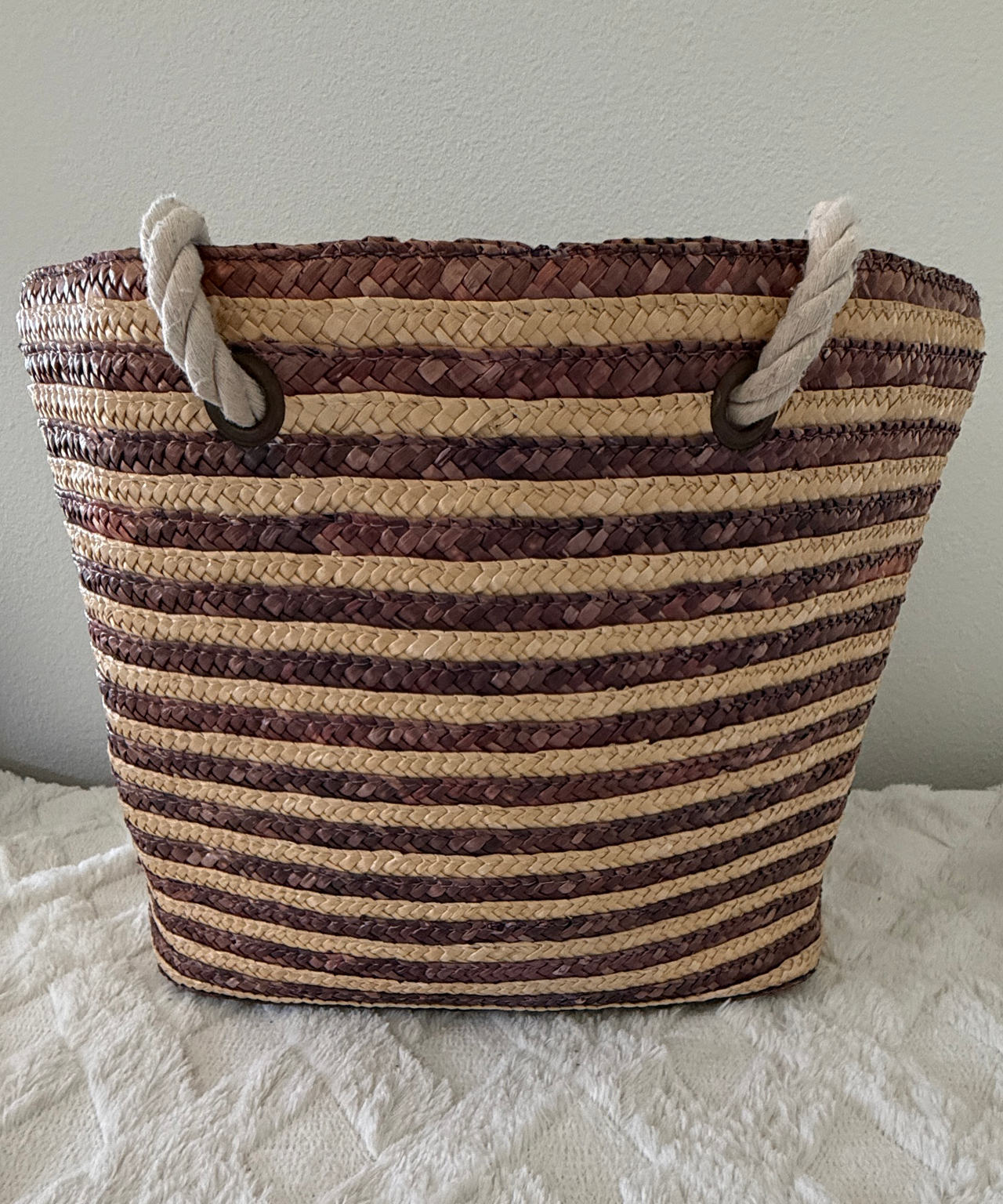 Lancôme Striped Straw Tote Bag with Rope Handles