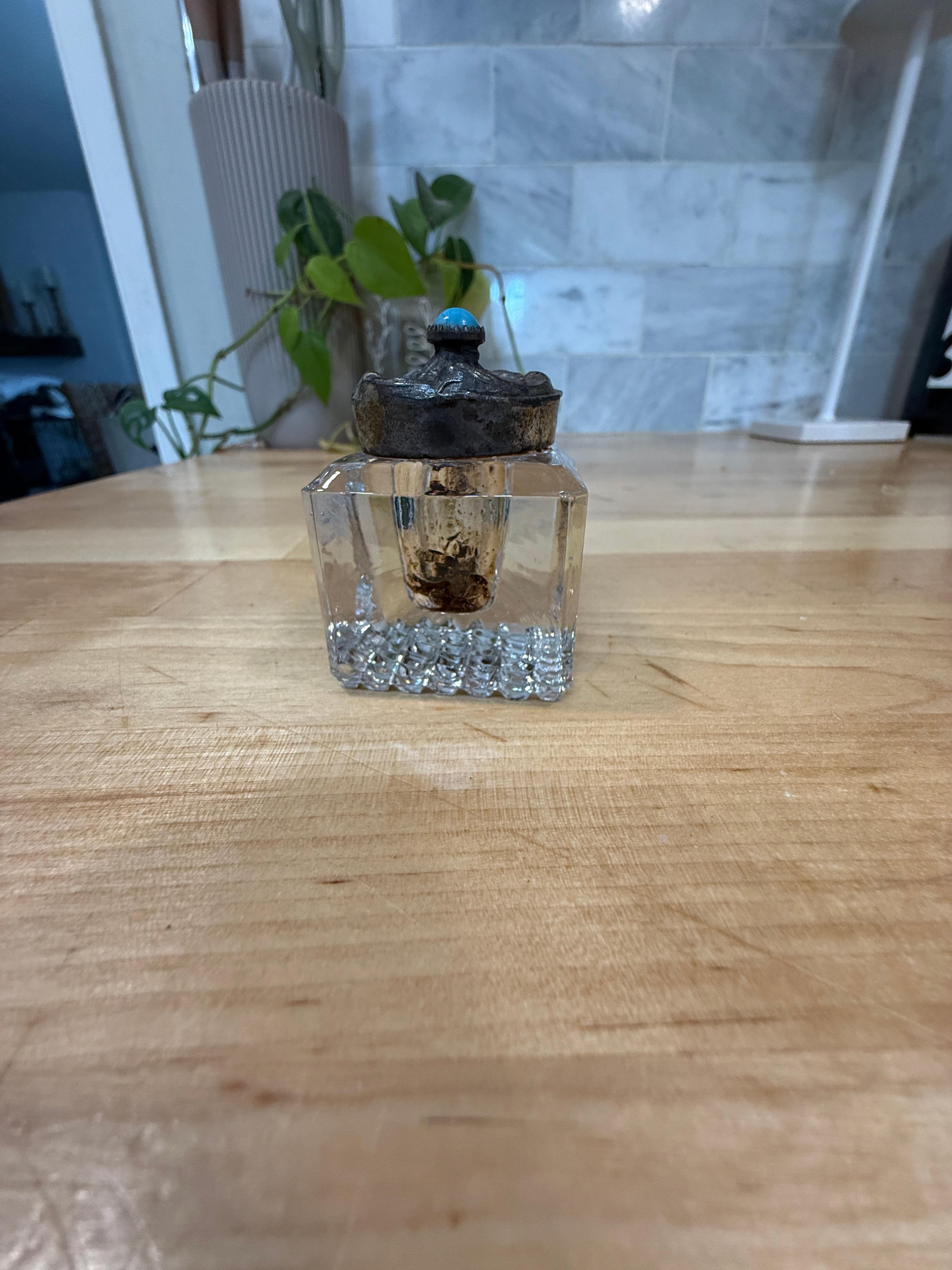 Antique Glass Inkwell with Metal Lid and Blue Stone