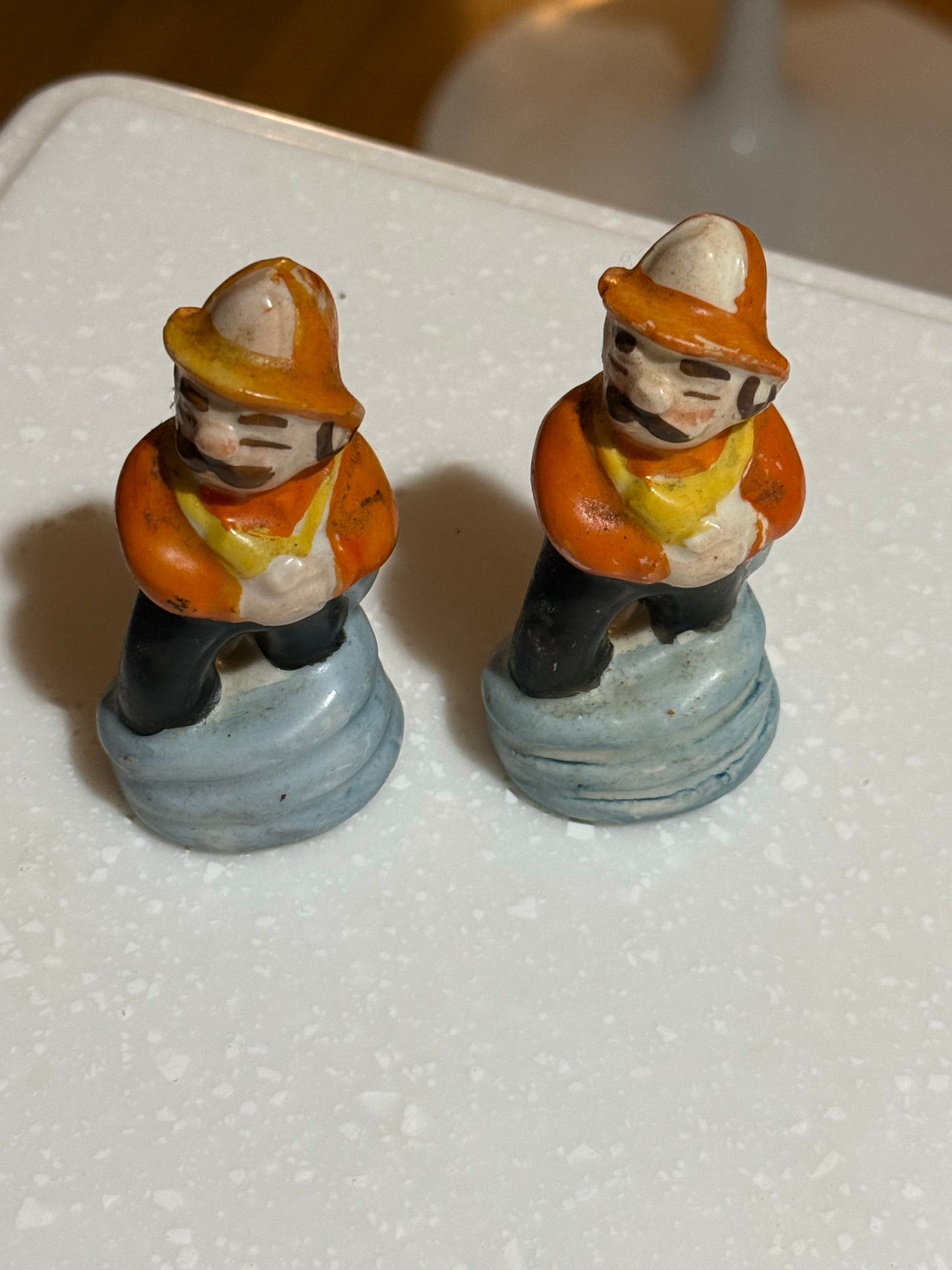 Vintage Miniature Ceramic Firefighter Figurines salt pepper shakers