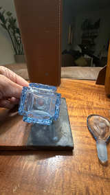 Vintage Art Deco Czech Blue Cut Glass Perfume Bottle with Etched Flowers - Image 4