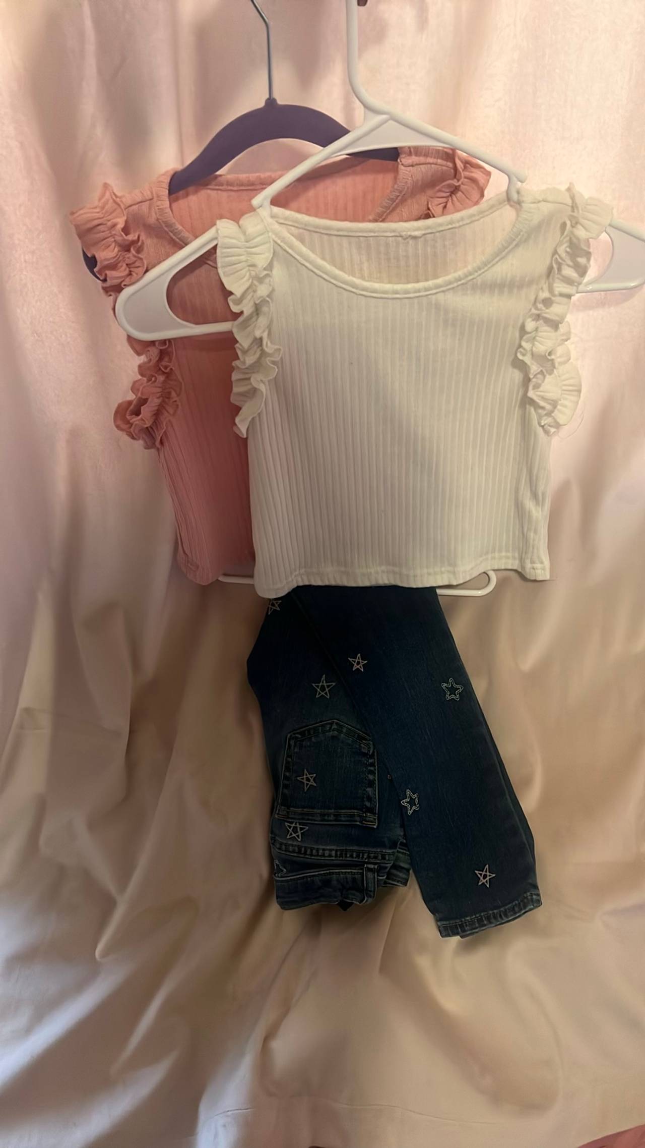 3 piece- Cat & Jack Toddler Girl Star Denim jeans w/ 2 Ruffle Tops.