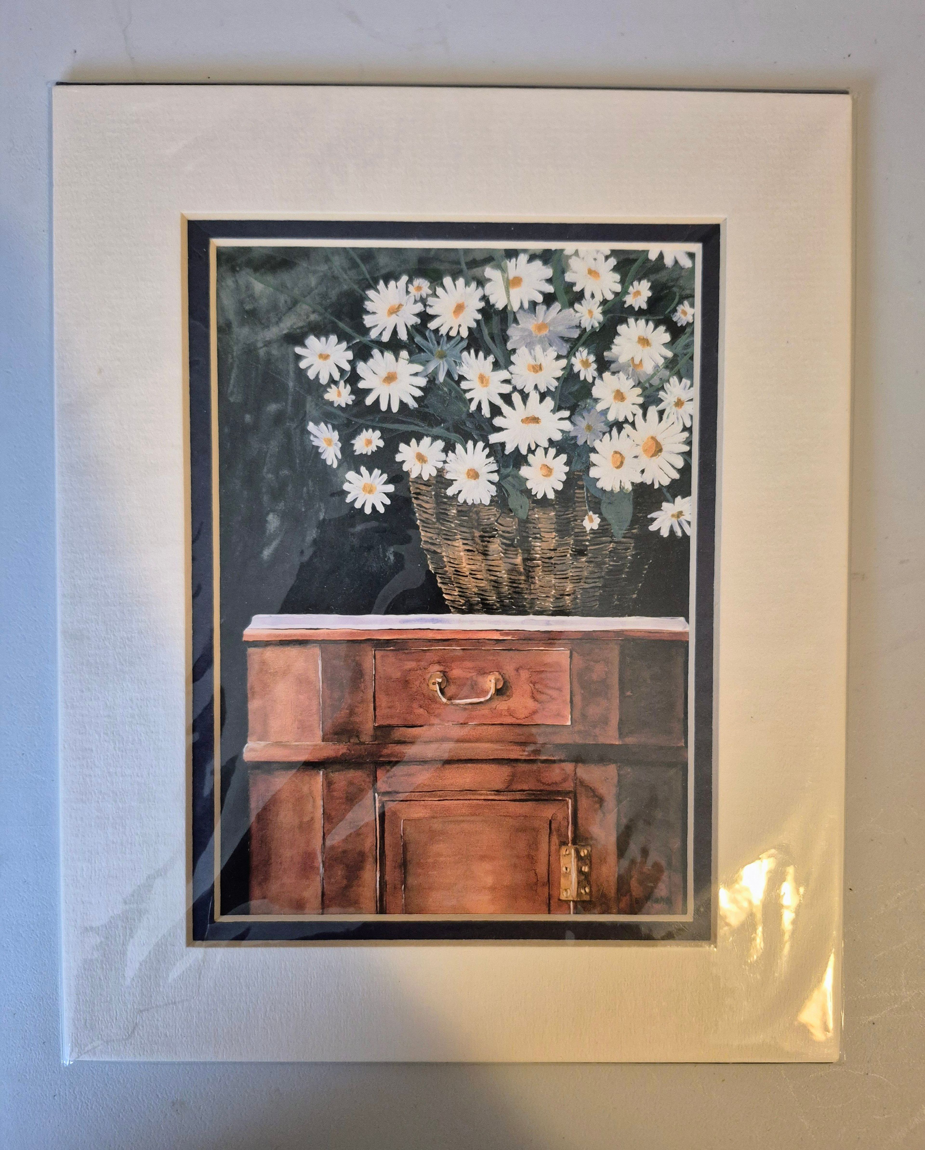 Framed art print, Eric Mohn, Daisies in Country Bucket on Antique Furniture - Image 2