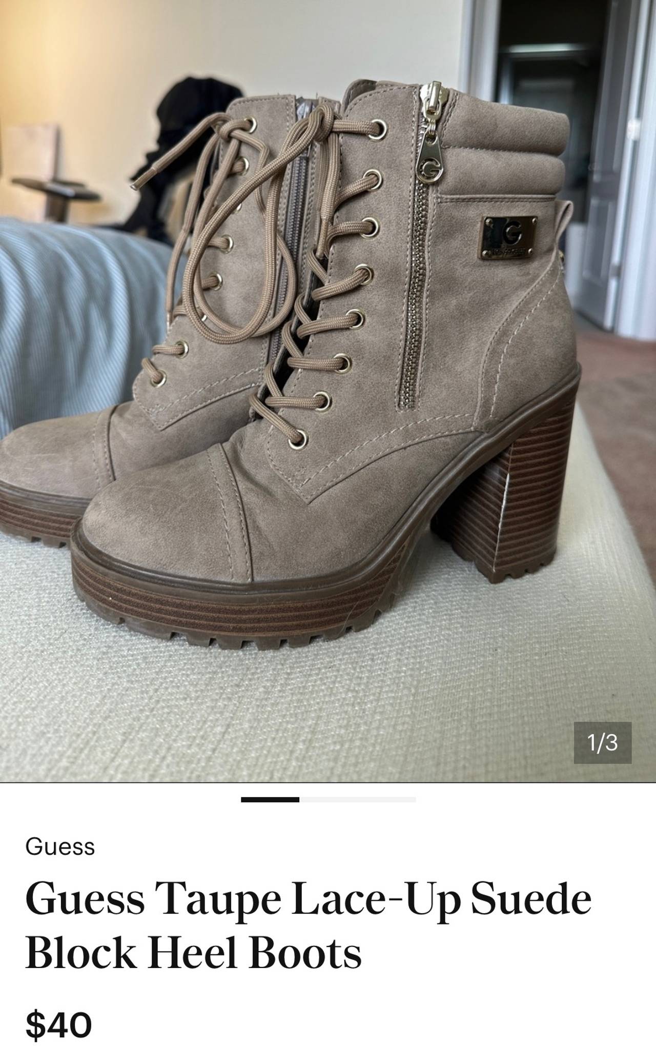 Guess Taupe Lace-Up Suede Block Heel Boots