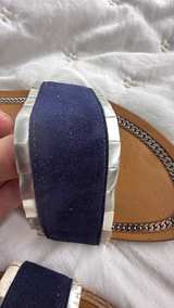 Stuart Weitzman Navy Suede Ankle Strap Sandals with Silver Trim - Image 3