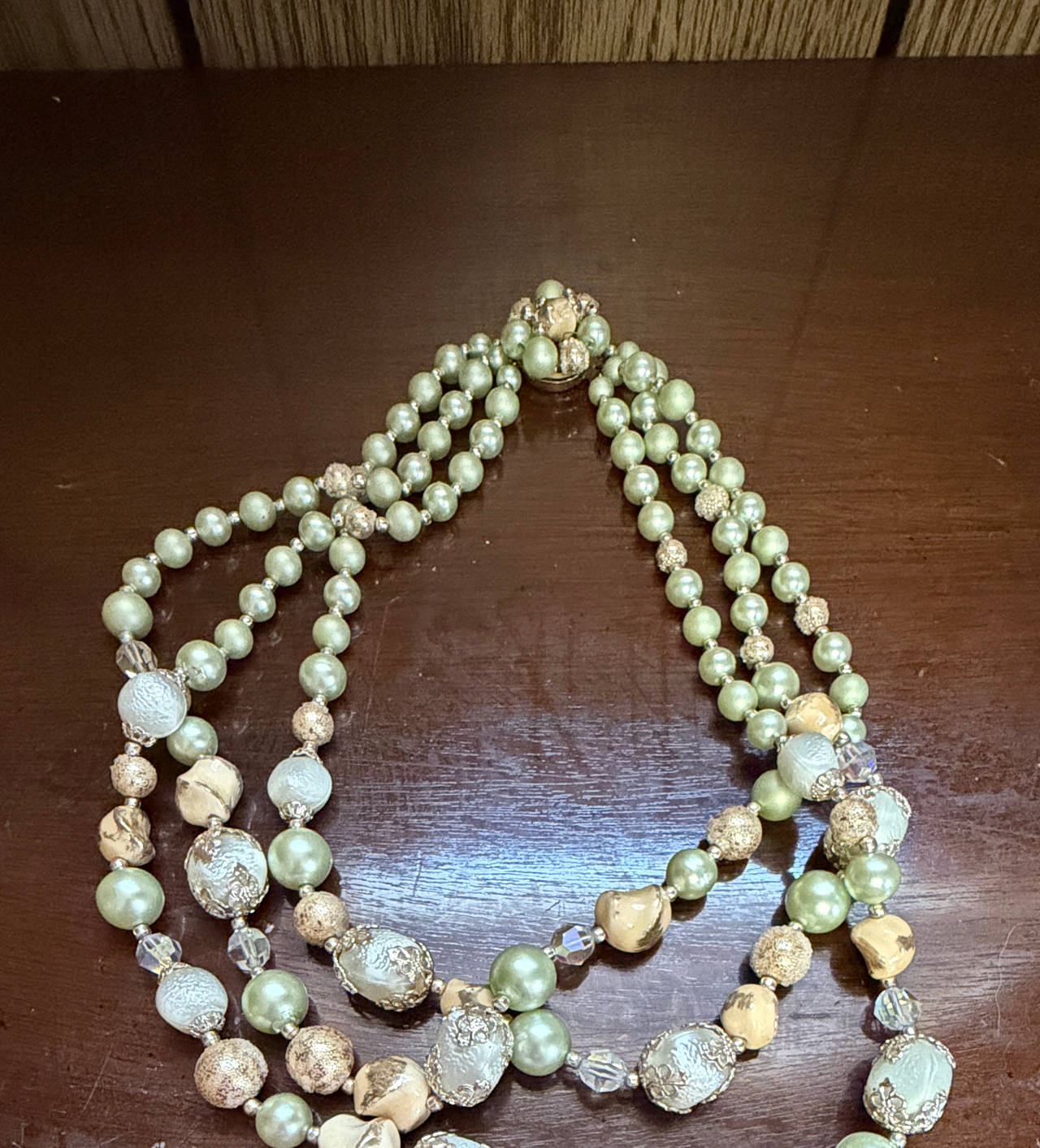 Vintage 3-Strand Green and Gold Beaded Necklace