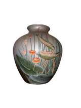 Vintage Frosted Glass Enameled Lotus Vase - Image 5