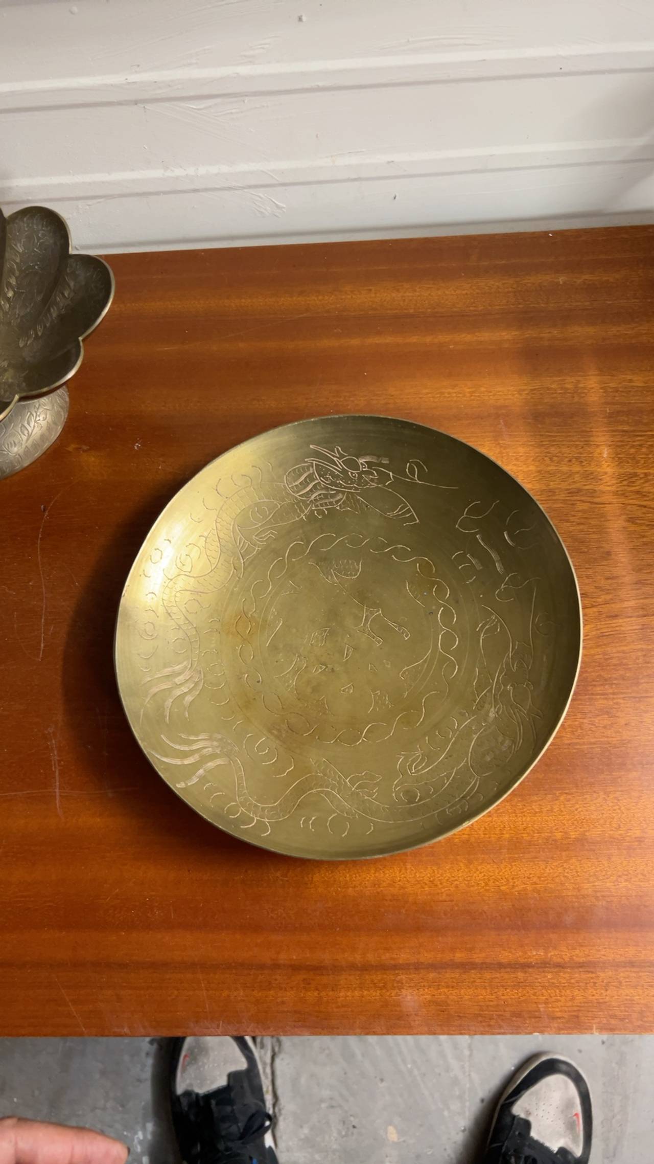Chinese Vintage Brass Bowl with Dragon Etching
