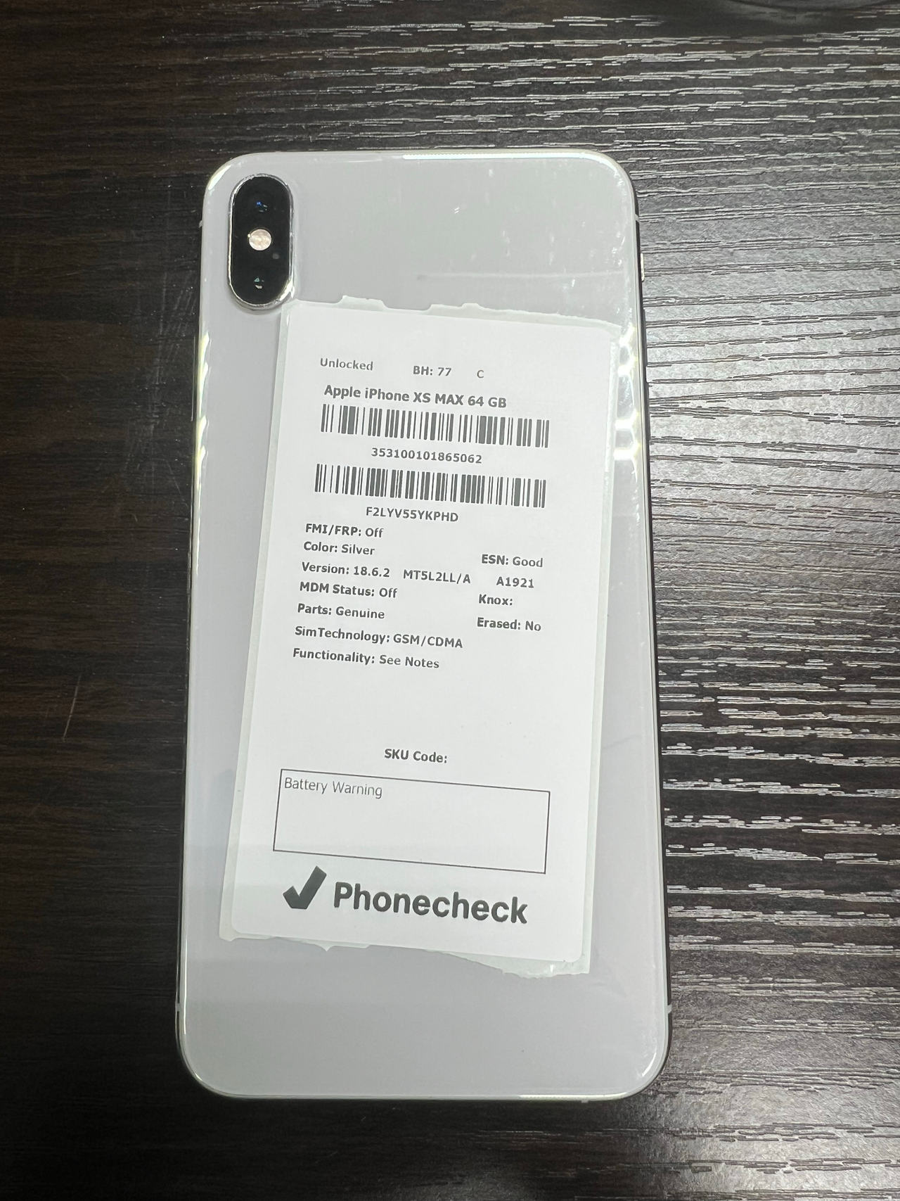 Apple iPhone XS Max 64GB Silver Unlocked BH 77 C