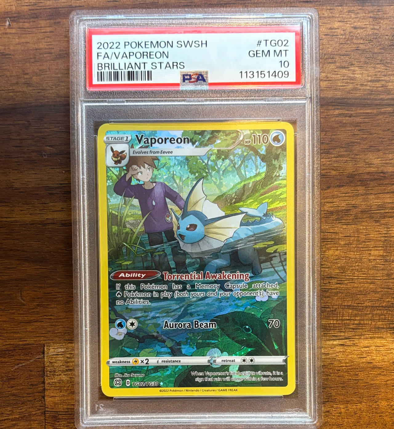 2022 Pokemon SWSH Brilliant Stars Vaporeon Trainer Gallery TG02 PSA 10