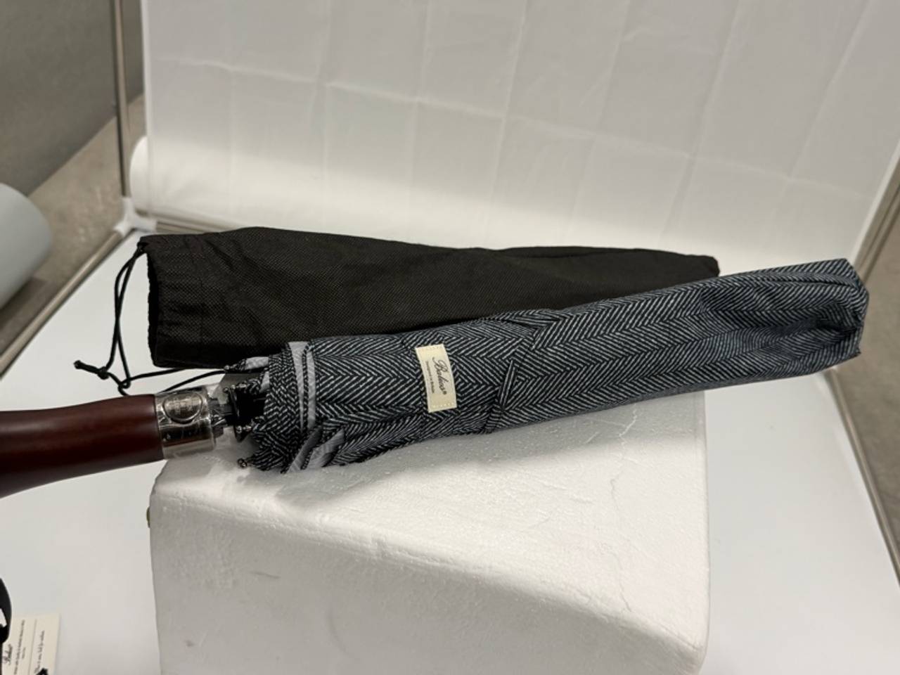 Balios Folding Double Canopy Umbrella with Real Wood Handle Herringbone
