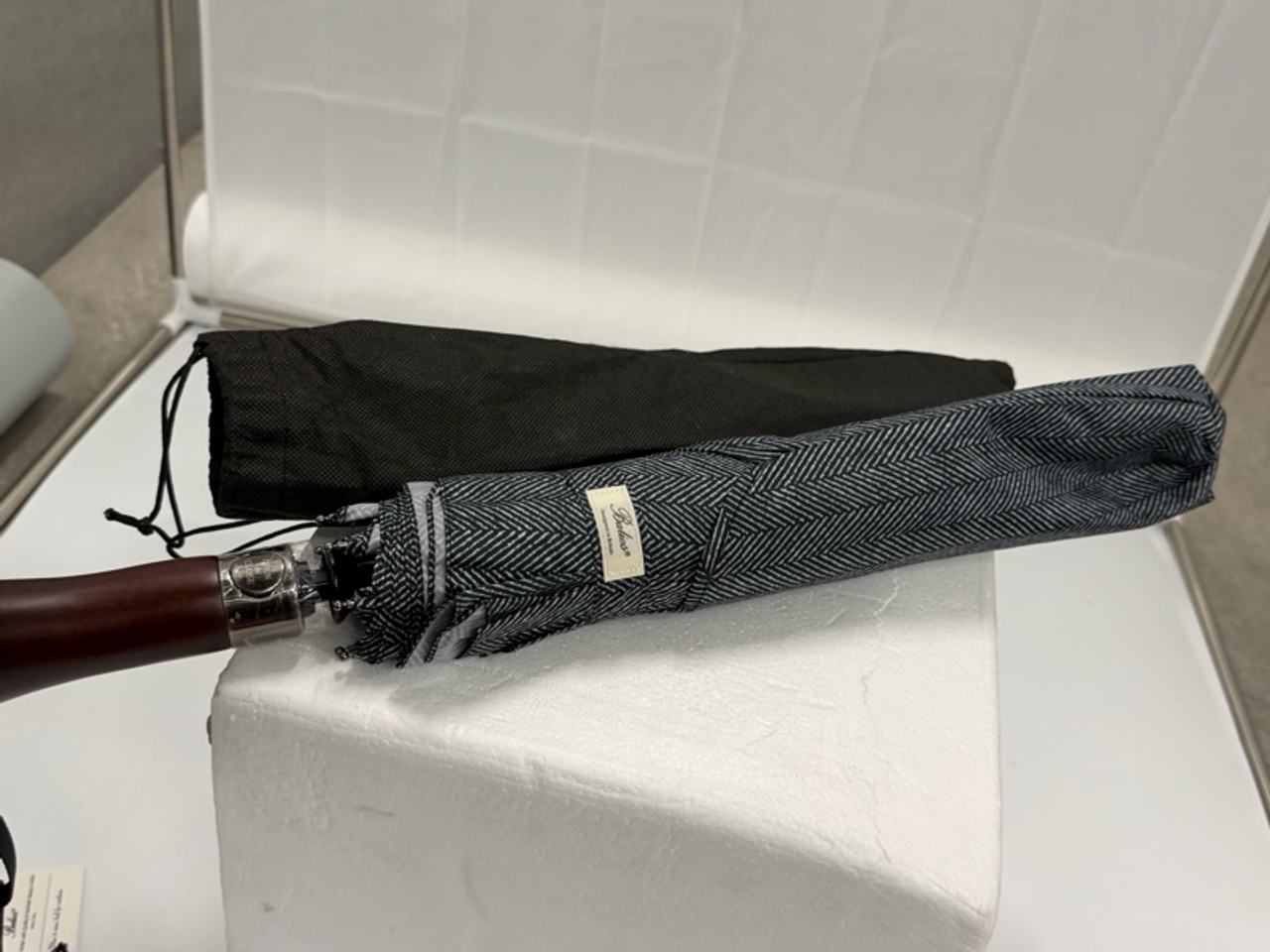 Balios Folding Double Canopy Umbrella with Real Wood Handle Herringbone