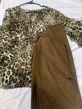 Leopard Print Bell Sleeve Blouse and Suede Pants Set - Image 1