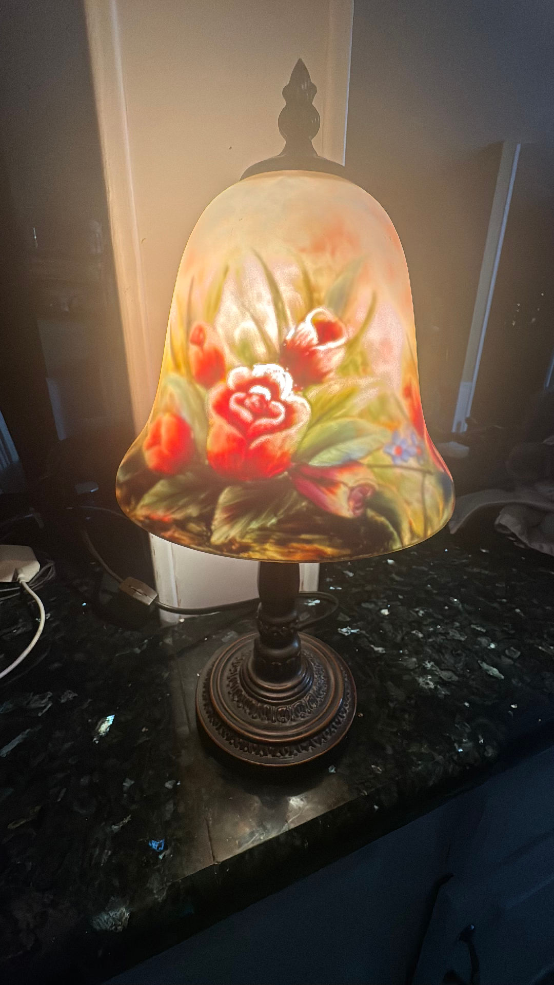 Vintage Reverse Painted Rose Shade Table Lamp