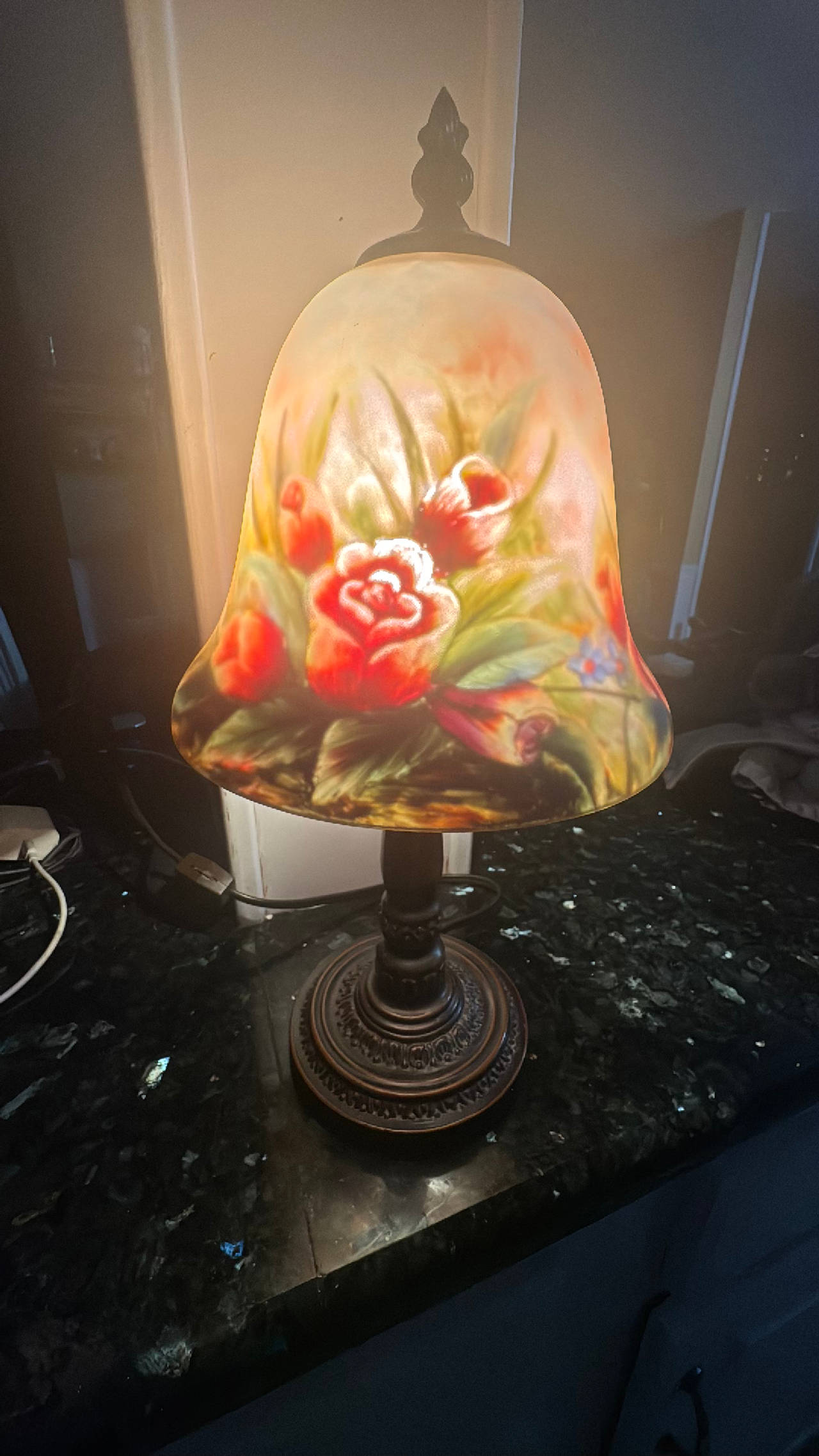Vintage Reverse Painted Rose Shade Table Lamp