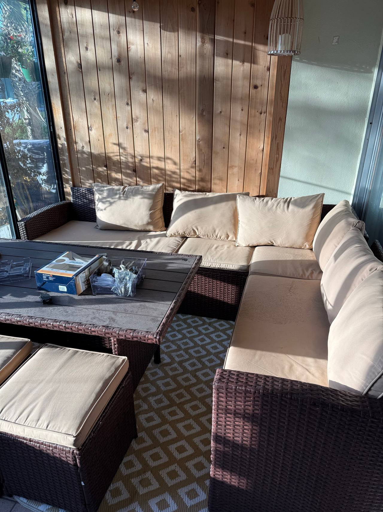 Outdoor Wicker Sectional Dining Set with Table and Ottomans
