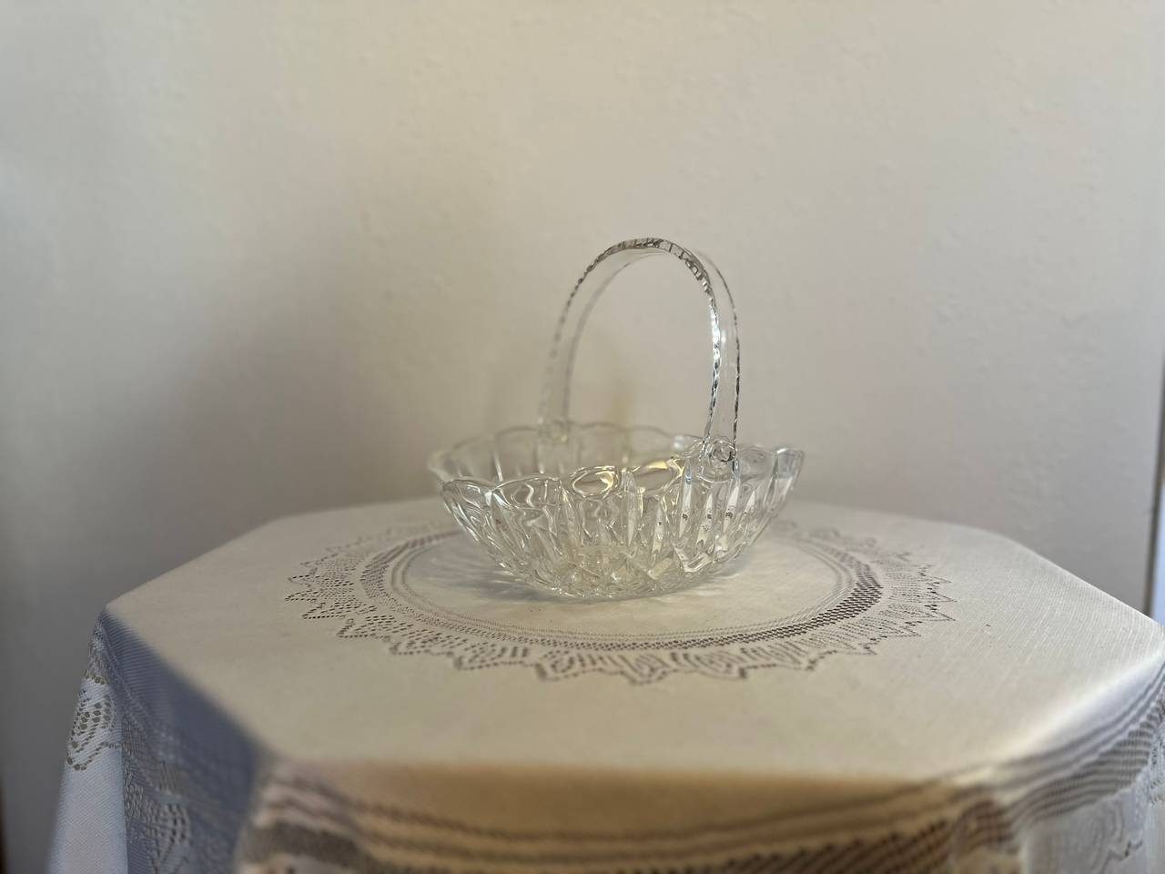 Vintage Cut Glass Basket with Handle