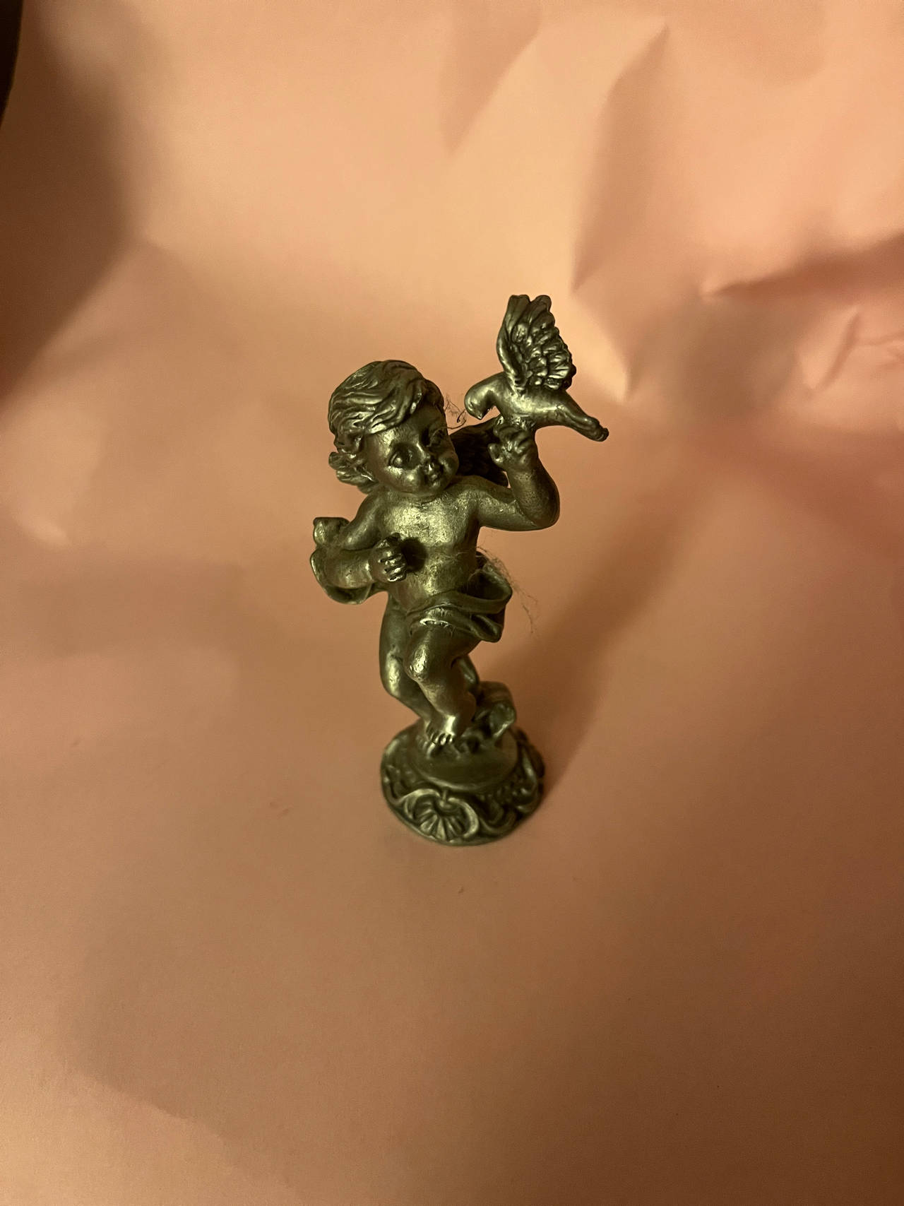 Vintage Sun Pewter Cherub Angel with Bird Figurine