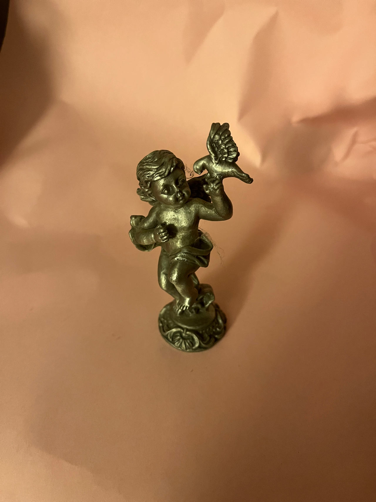Vintage Sun Pewter Cherub Angel with Bird Figurine