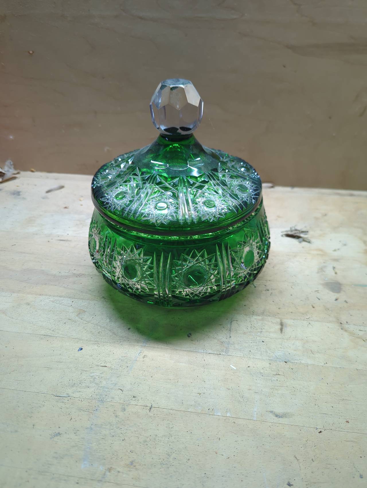 Vintage Emerald Green Cut Glass Candy Dish with Lid