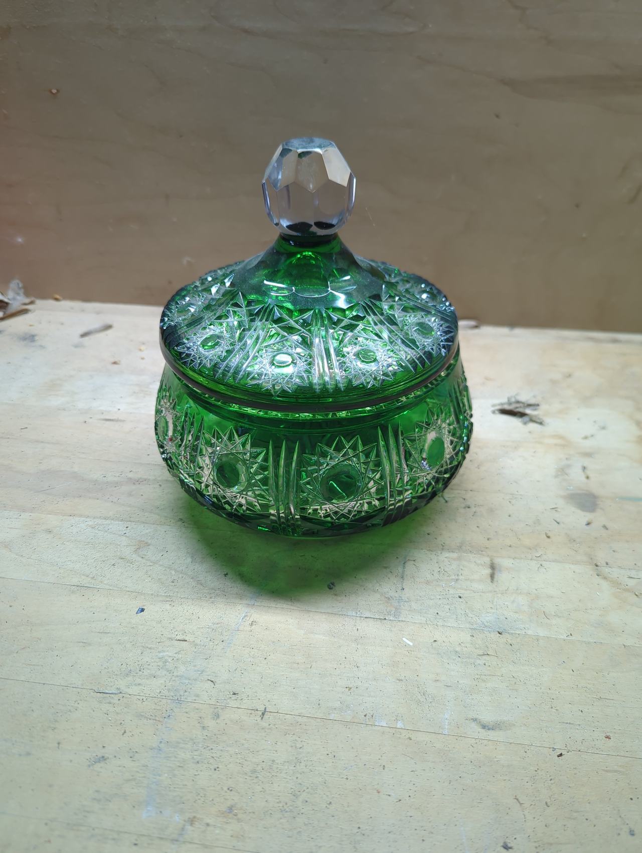 Vintage Emerald Green Cut Glass Candy Dish with Lid