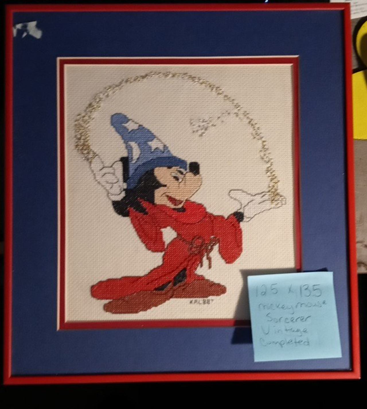 Vintage Framed Sorcerer Mickey Mouse Cross Stitch Art