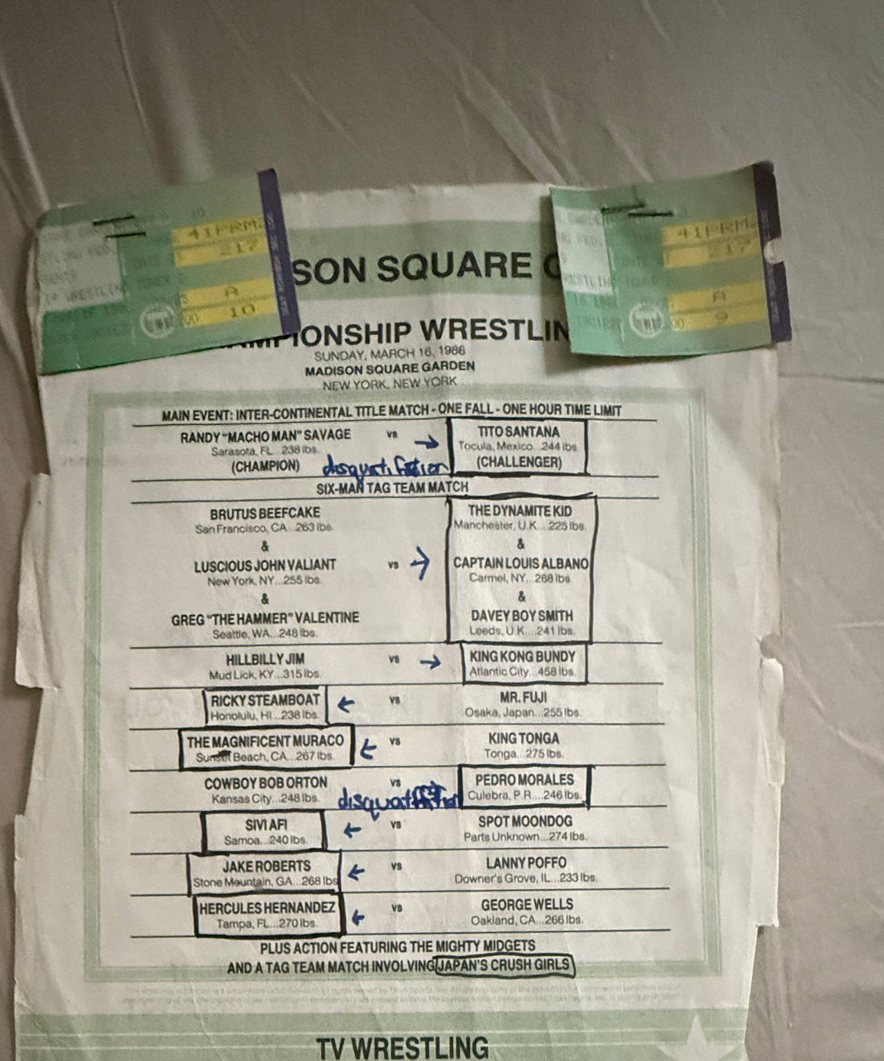 WWF Madison Square Garden Wrestling Program with Ticket Stubs