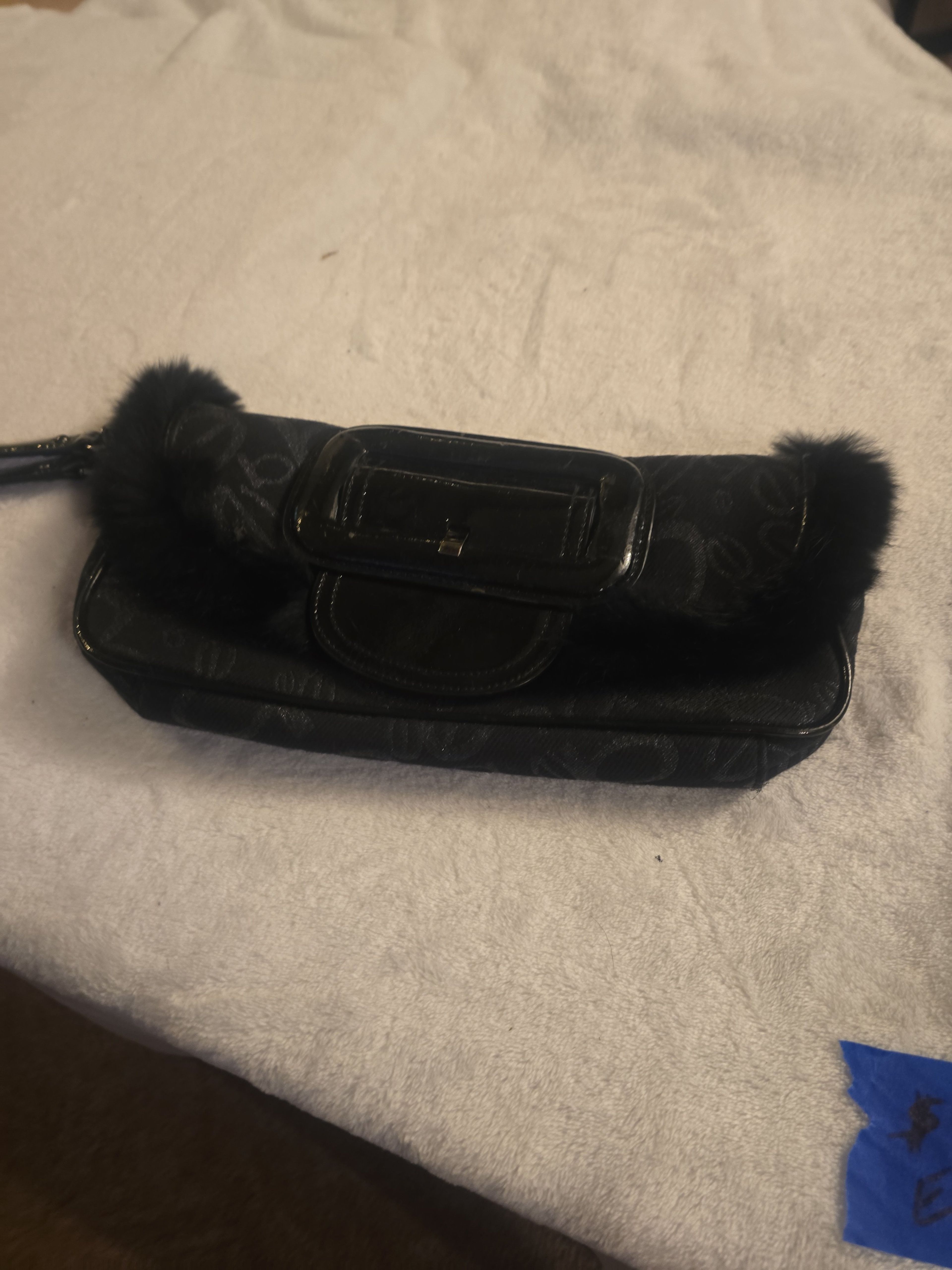 Bebe Logo Print Faux Fur Trim Clutch Bag