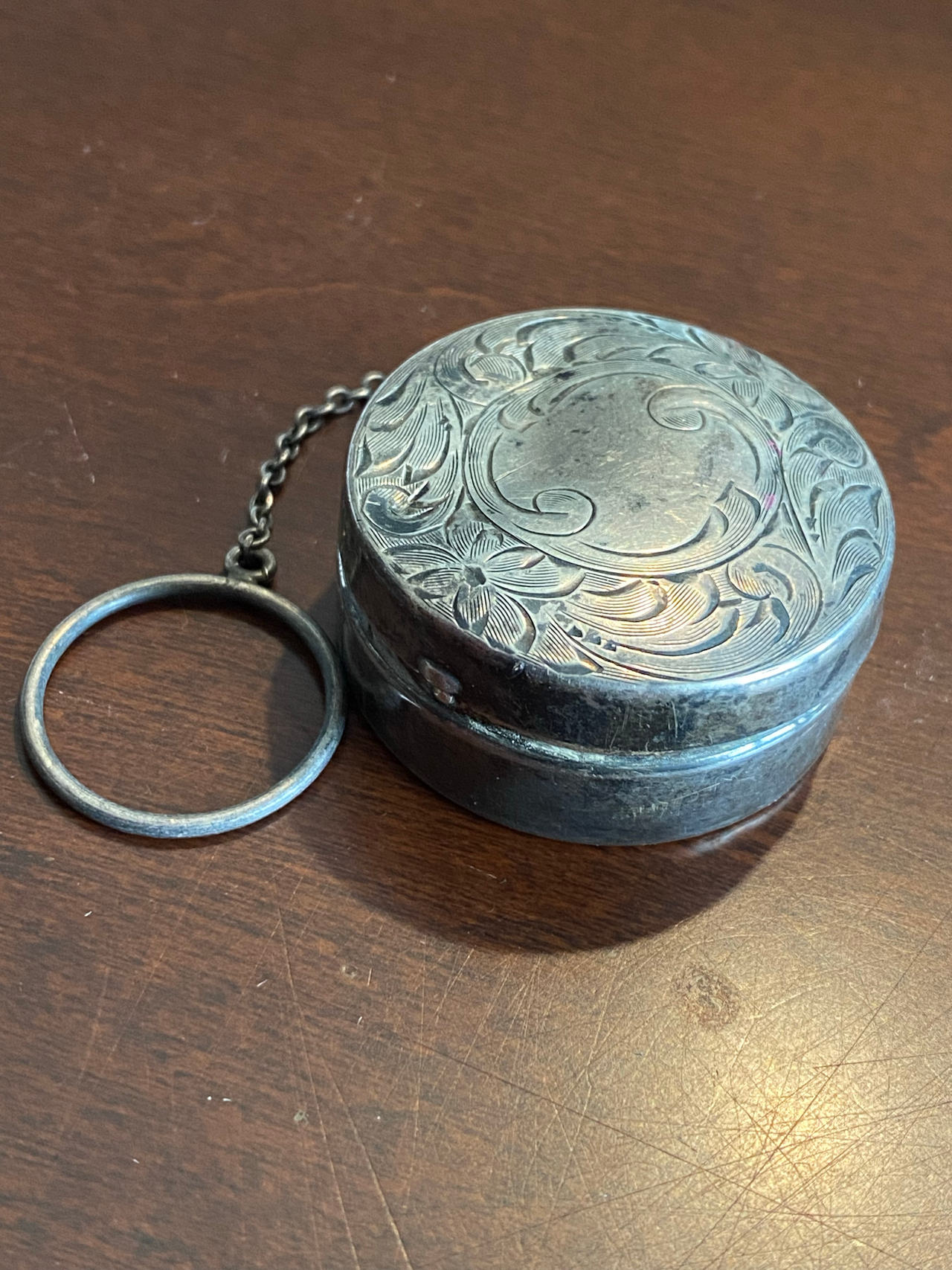 Antique Sterling Silver Chatelaine Pill Box with Finger Ring