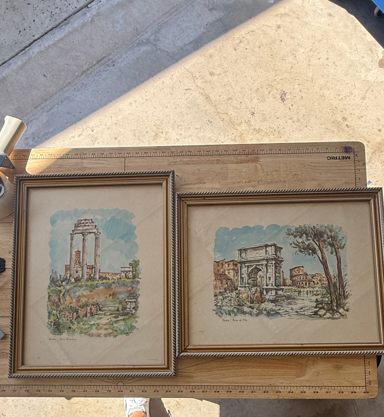 Vintage Framed Roman Ruins Watercolor Prints - Set of 2