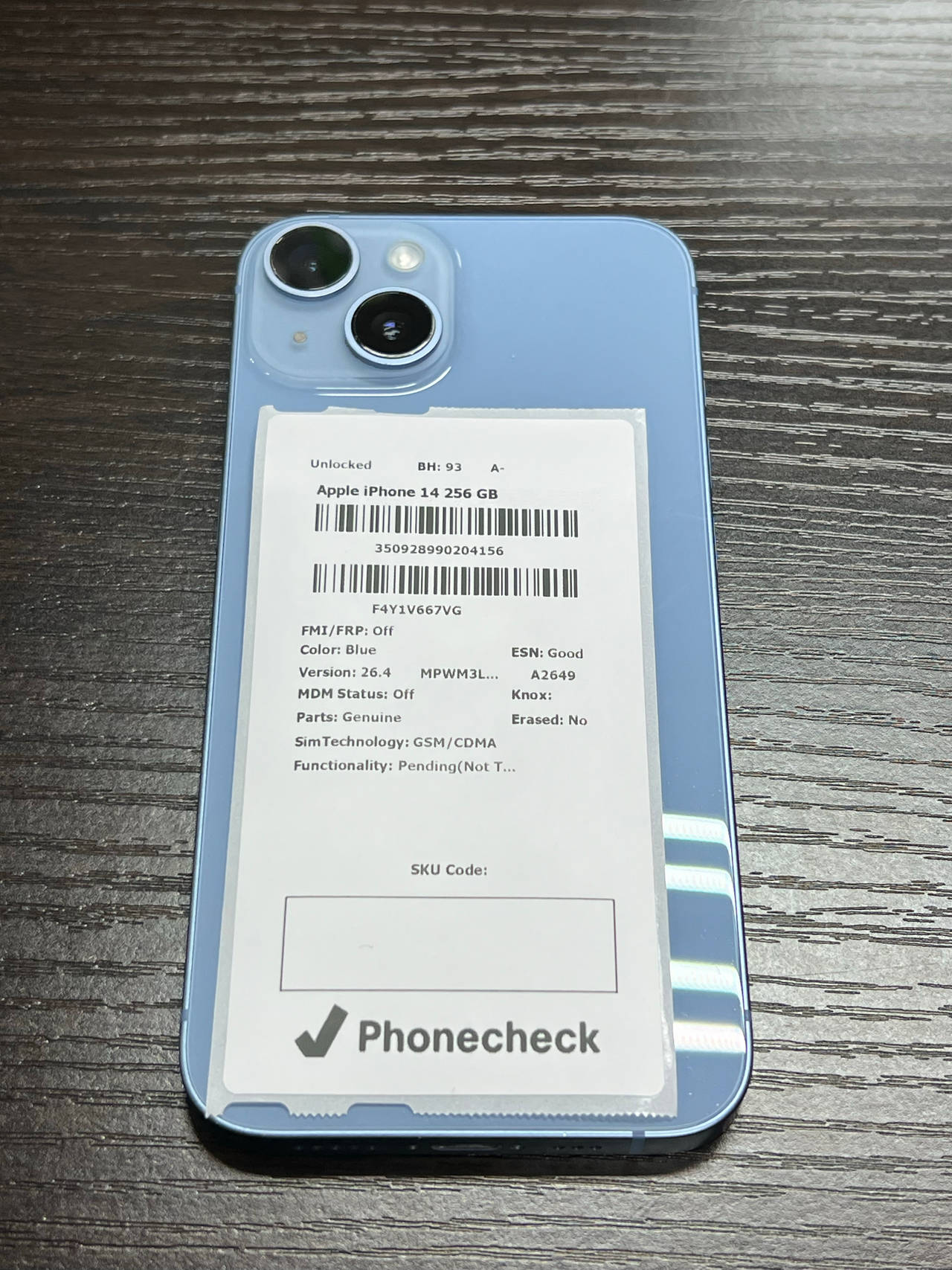 Apple iPhone 14 256GB Blue - Unlocked BH 92% A-
