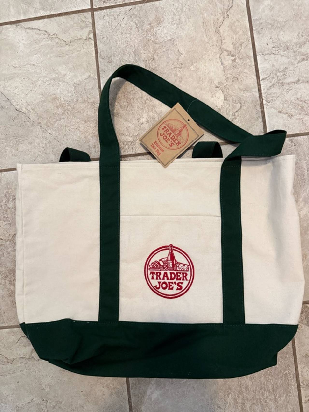 Trader Joe's Large Canvas Tote Bag Green/Off-White