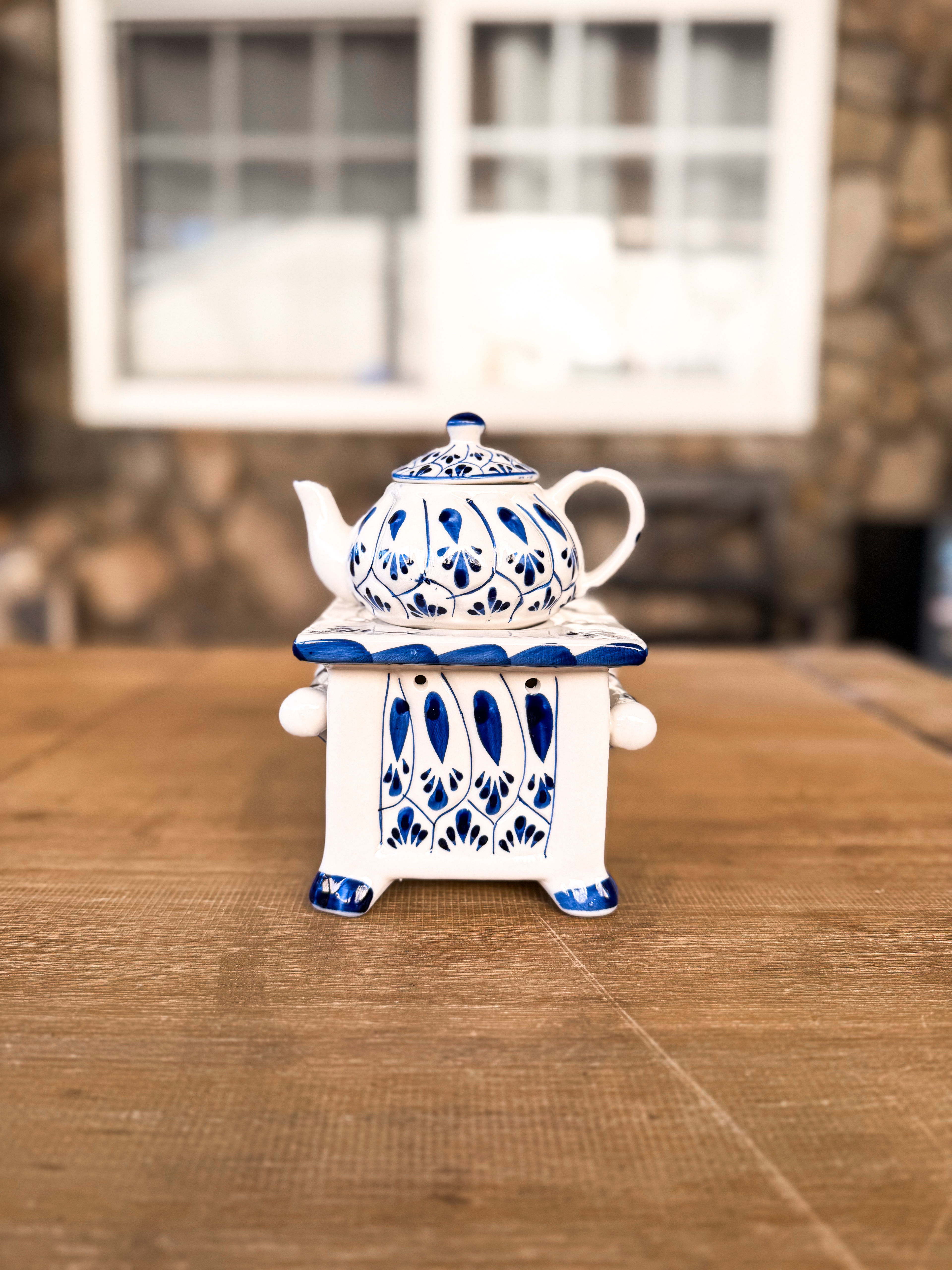 Talavera Blue and White Teapot with Essential Oil Warmer Base - Image 5